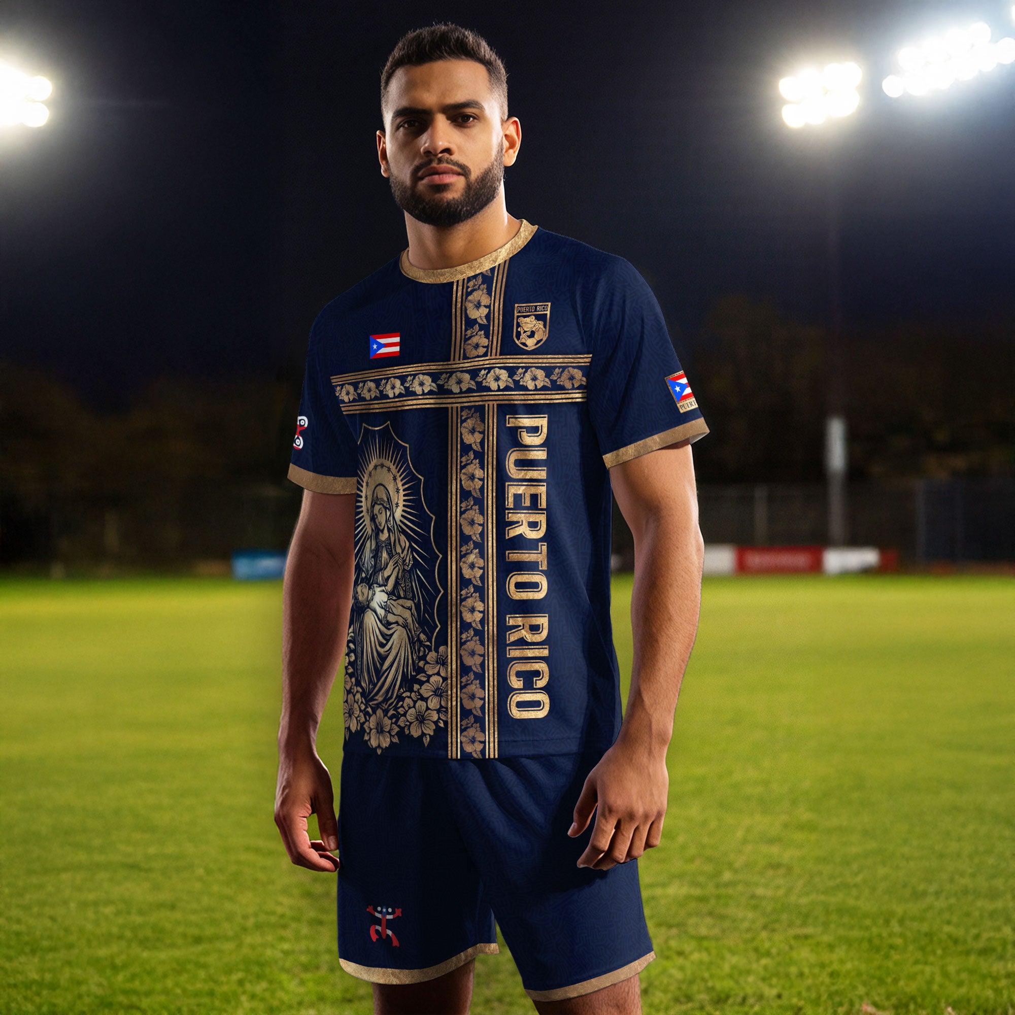 Camiseta de fútbol con máscara taína boricua azul marino de Puerto Rico, bandera tribal, orgullo nacional