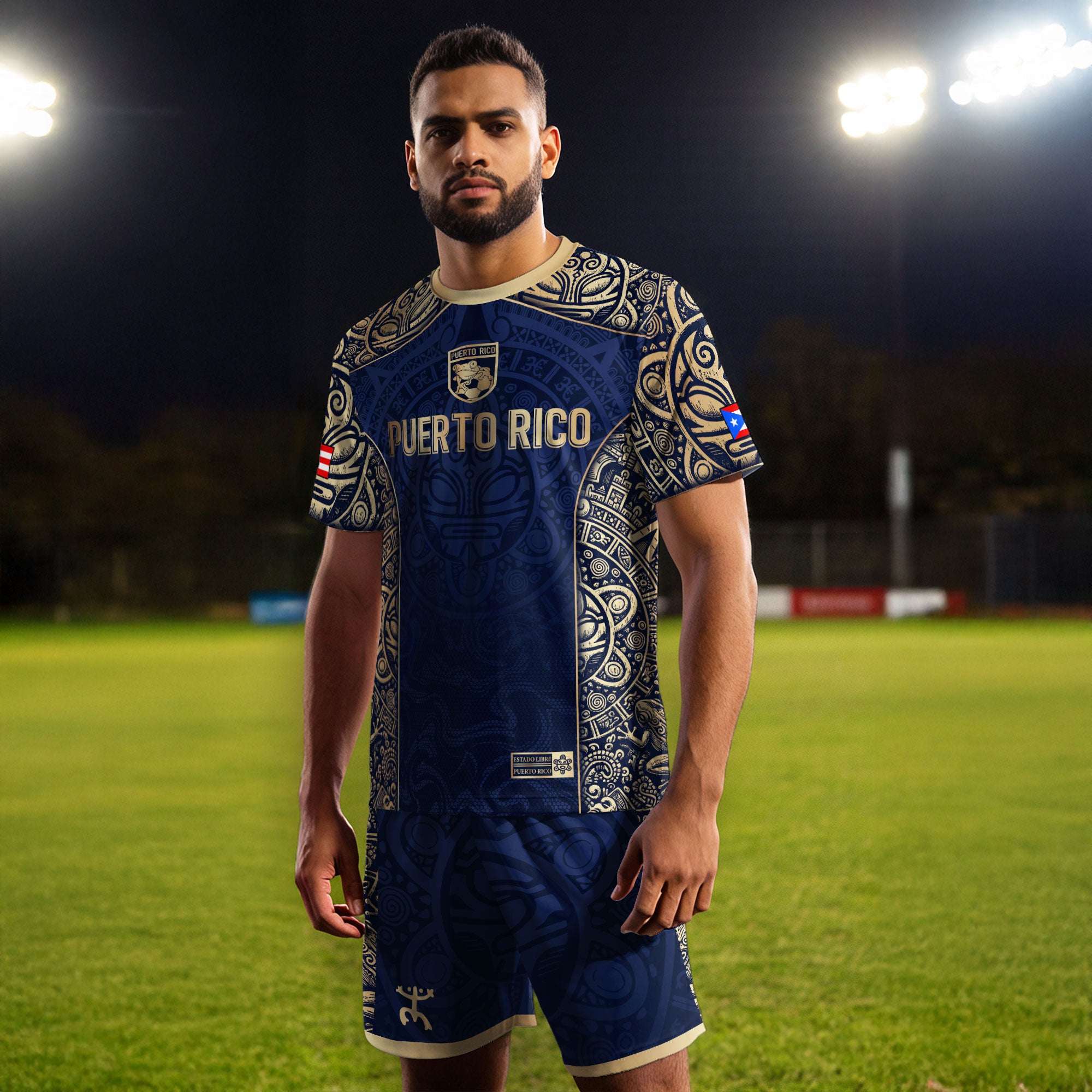 Puerto Rico Flag Boricua Taino Tribal Mask Coqui Navy Gold Pride Soccer Jersey