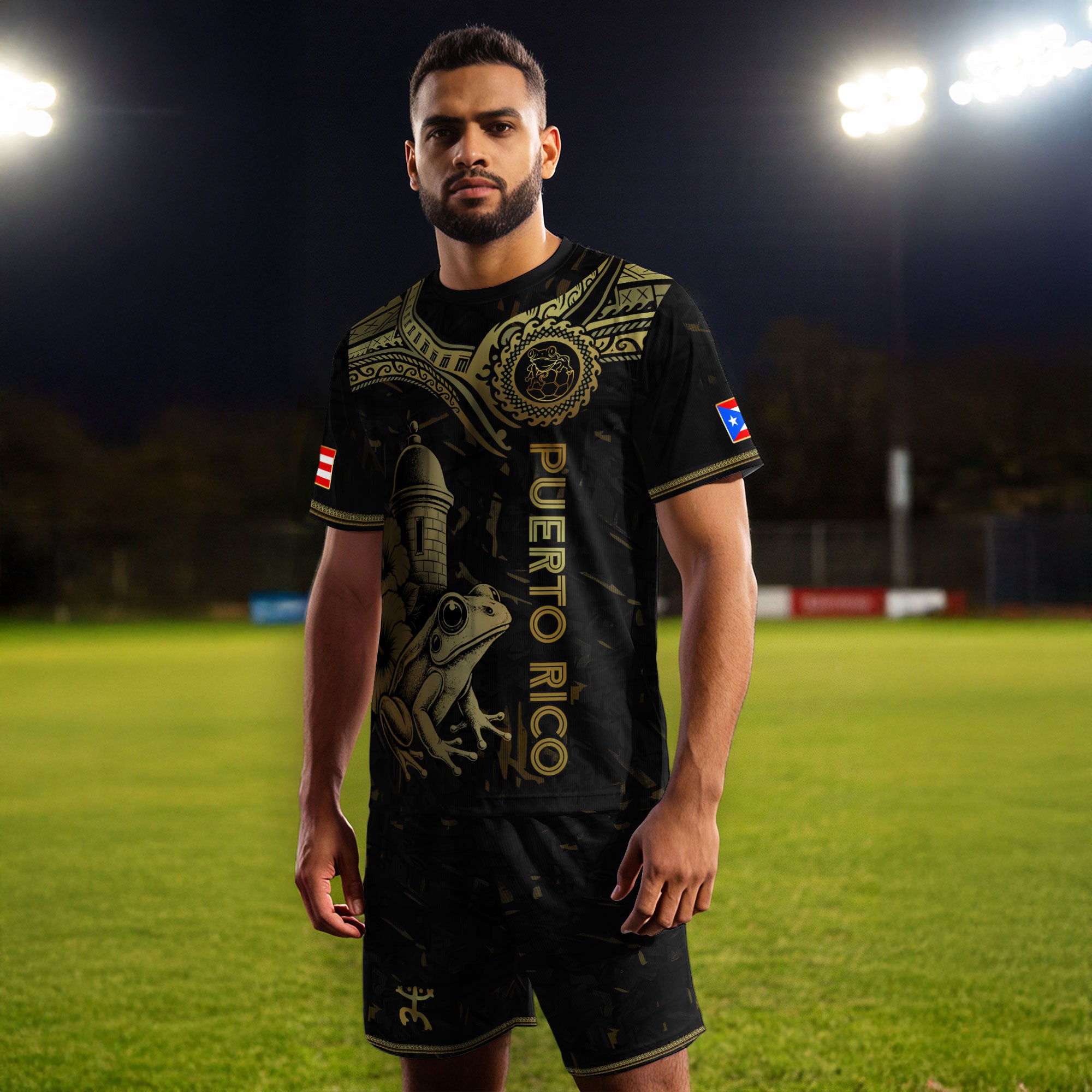 Camiseta de fútbol con máscara taína boricua azul marino de Puerto Rico, bandera tribal, orgullo nacional