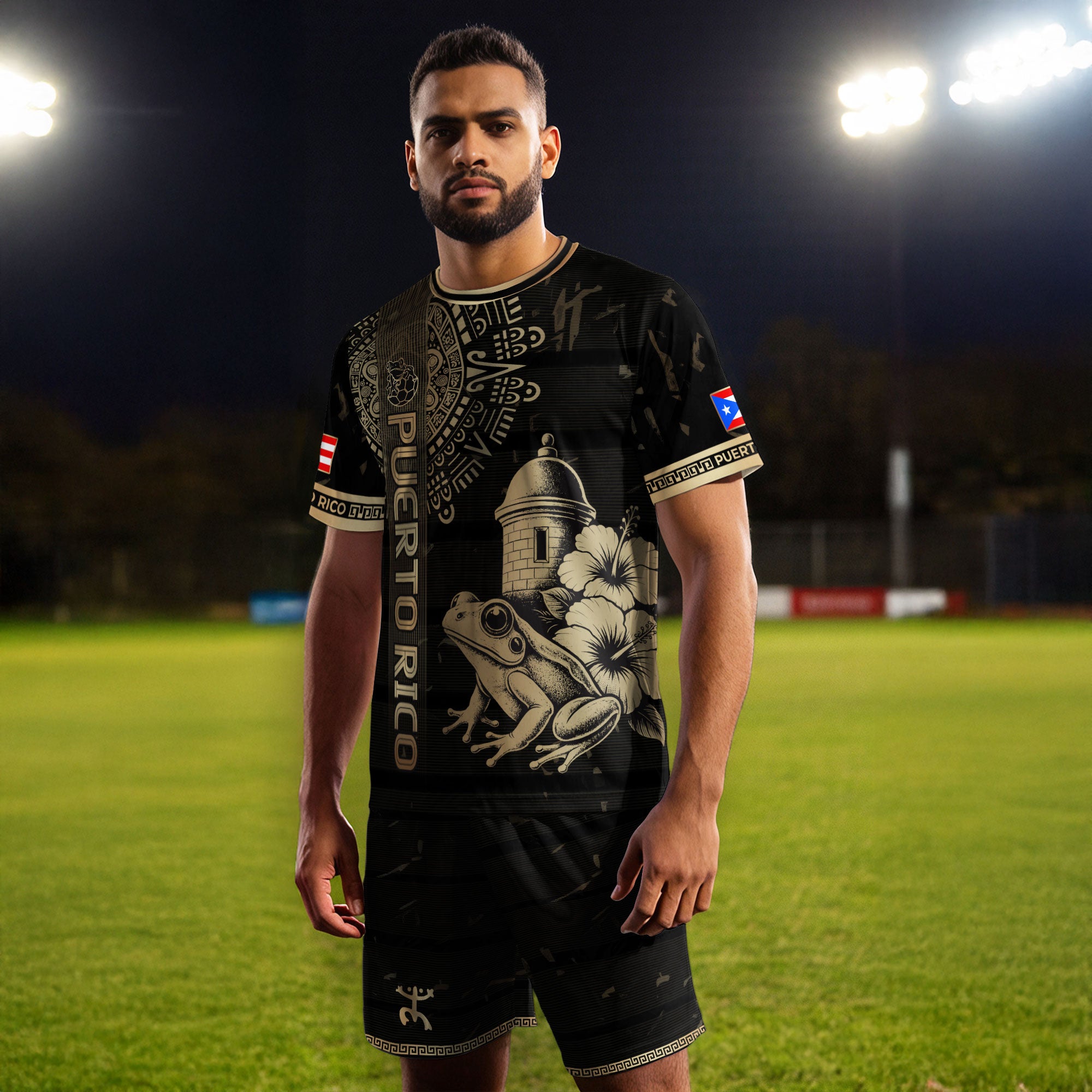 Camiseta de fútbol con máscara taína boricua azul marino de Puerto Rico, bandera tribal, orgullo nacional
