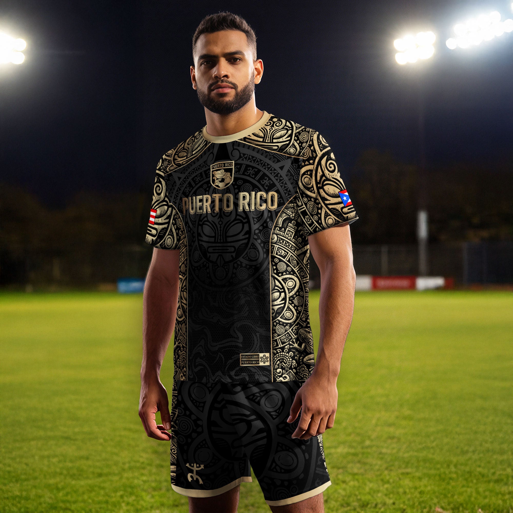 Puerto Rico Boricua Coqui Frog Taino Tribal Black Gold National Soccer Jersey