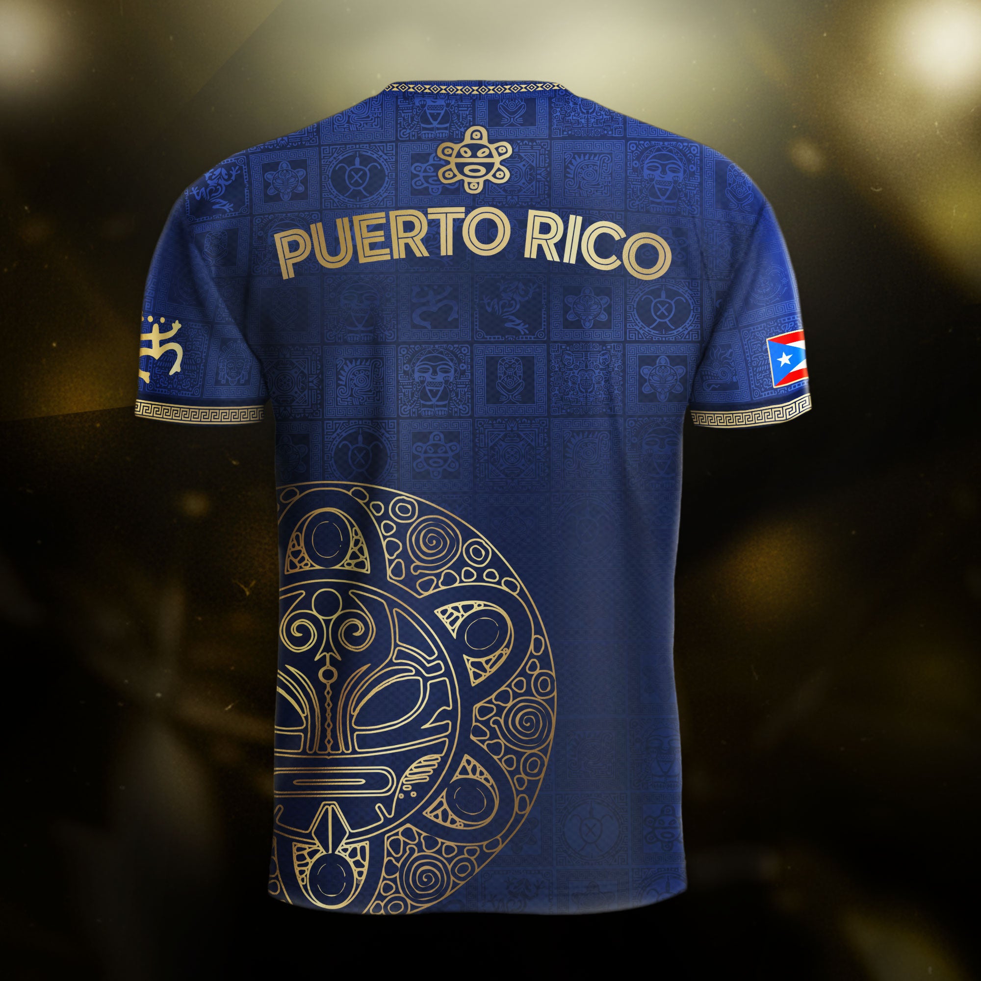 Camiseta de fútbol boricua con patrón de símbolo taíno dorado de la Marina de Puerto Rico