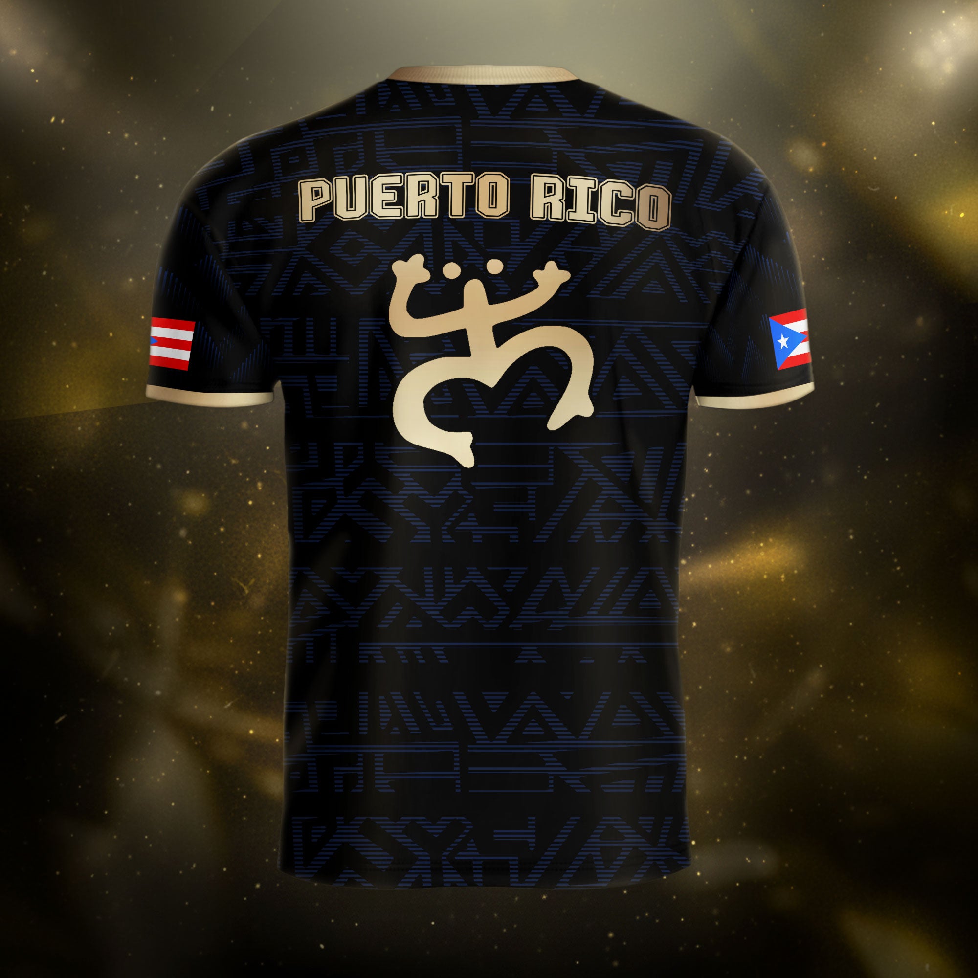 Puerto Rico Black Navy Gold Taino Sun God Island Heritage Tribal Pattern Soccer Jersey