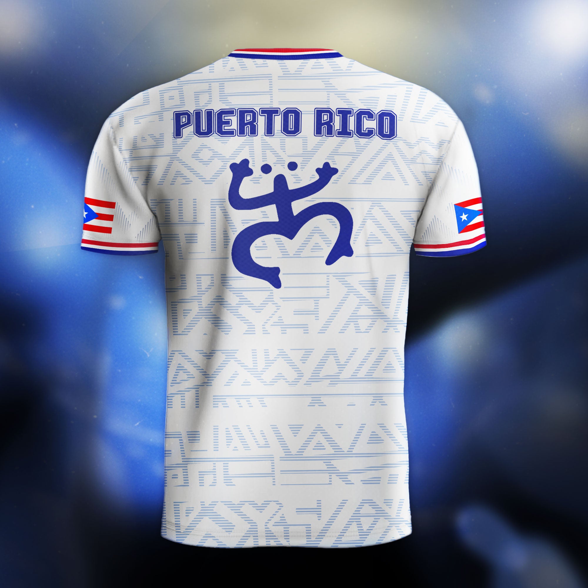 Camiseta de fútbol Puertorriqueña blanca y azul con la bandera boricua, sol taíno y coquí tribal del orgullo nacional