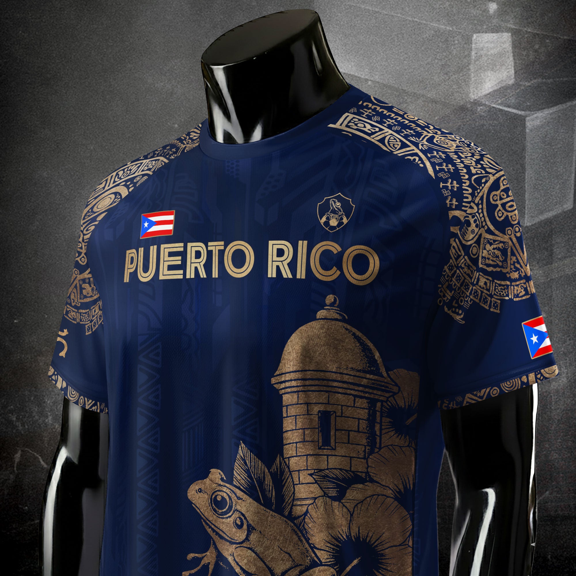 Puerto Rico Navy Gold Coqui Frog Garita Flower National Heritage Boricua Soccer Jersey