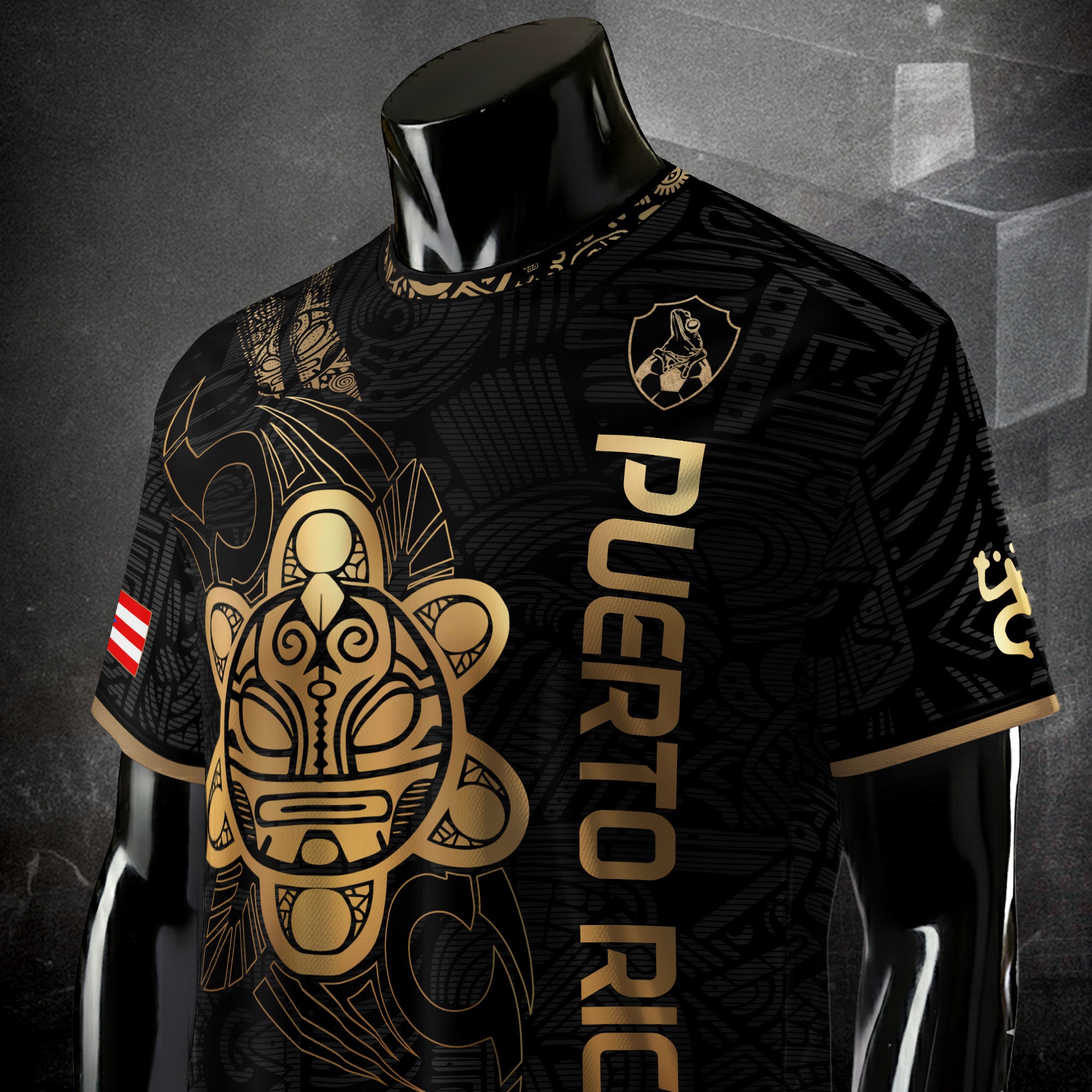 Camiseta de fútbol Puerto Rico Black Gold Side Taino Sun National Heritage Boricua Pride