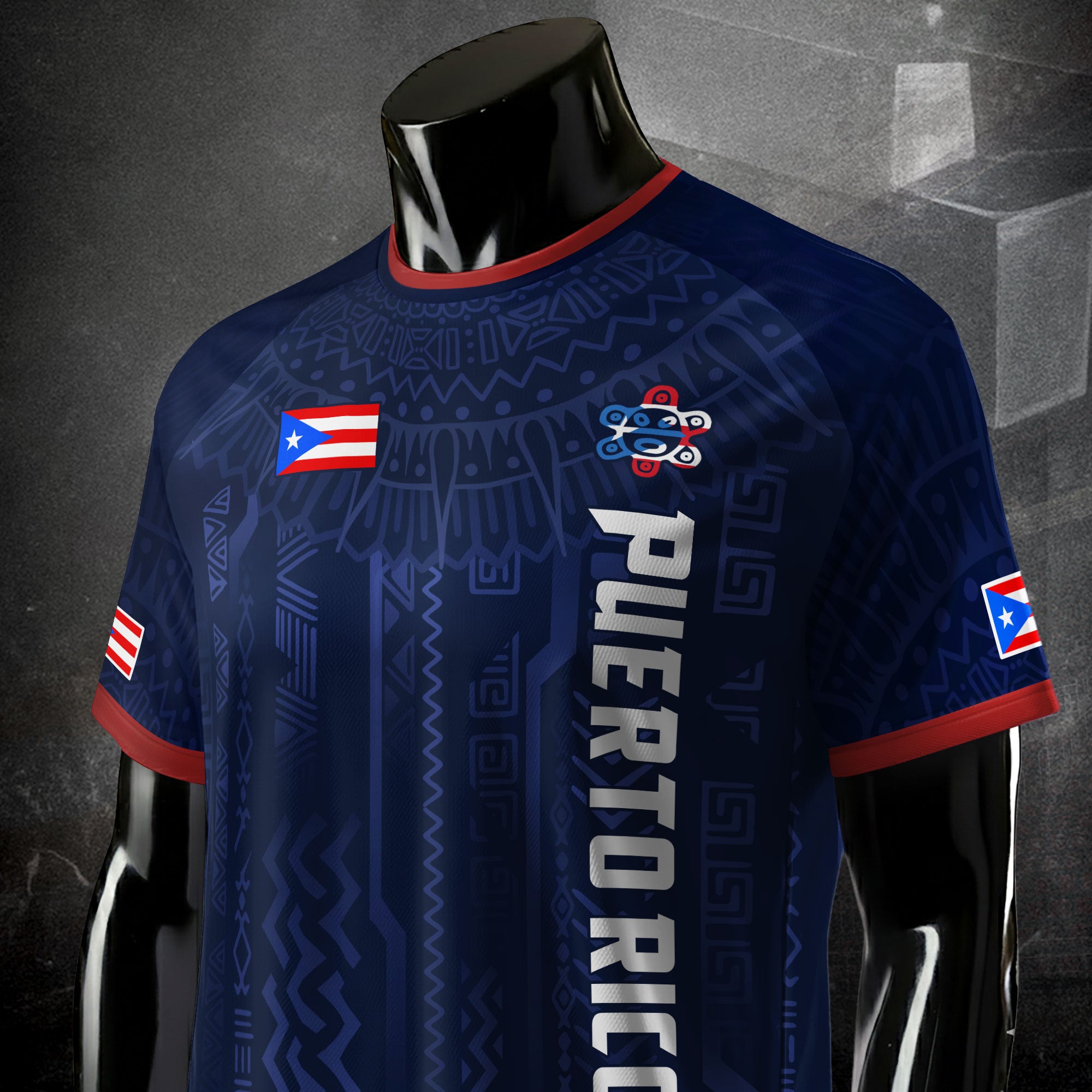 Puerto Rico Navy Red Boricua Taino Sun Coqui Frog Patriotic Tribal Soccer Jersey