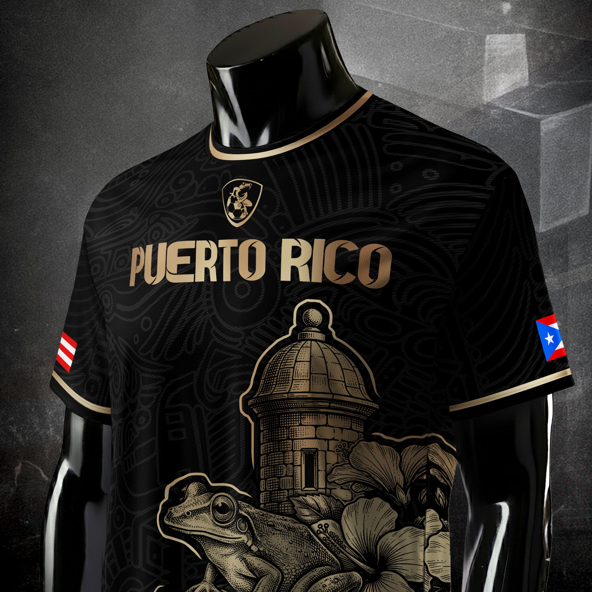 Puerto Rico Black Gold Boricua El Morro Coqui Frog Hibiscus Historical Soccer Jersey