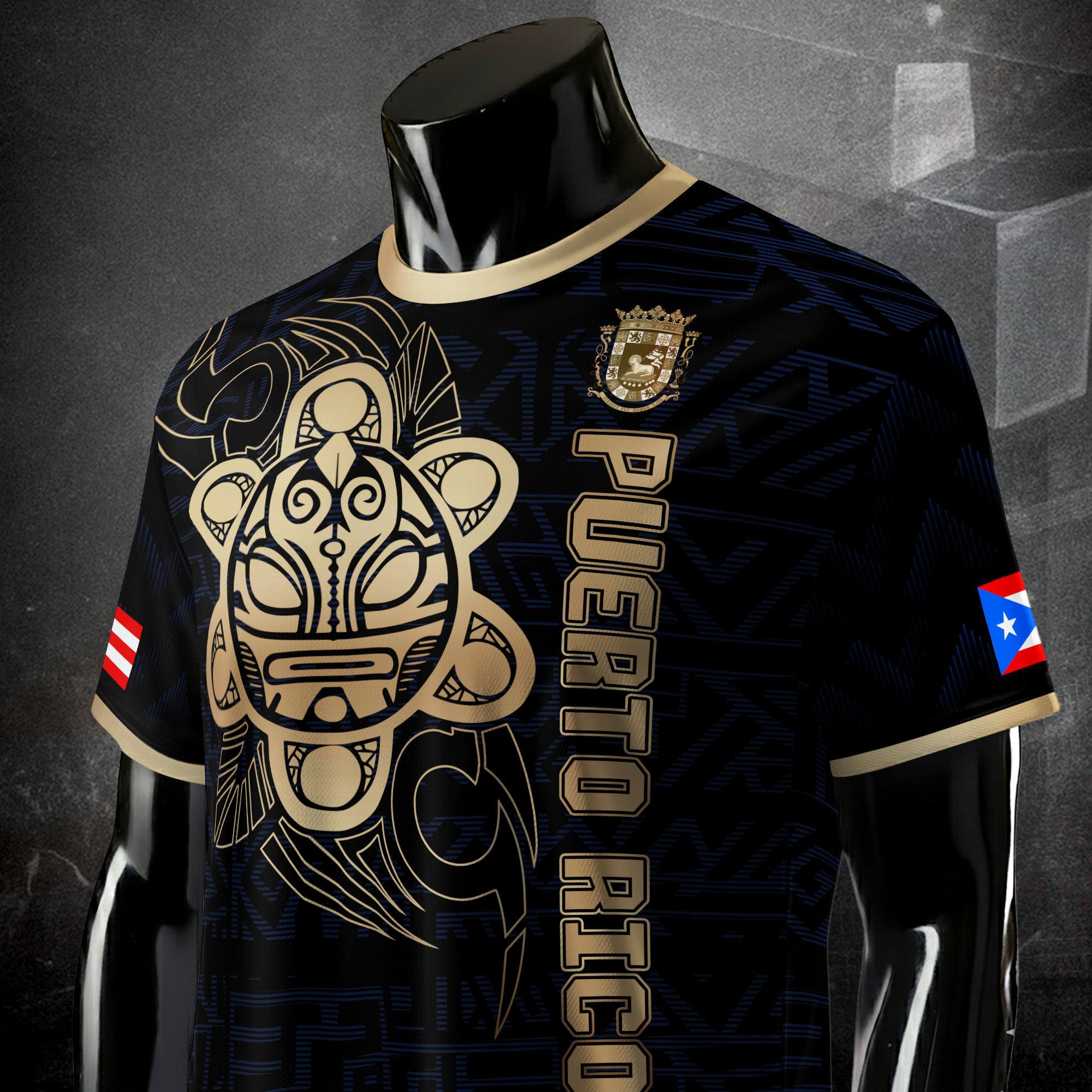 Puerto Rico Black Navy Gold Taino Sun God Island Heritage Tribal Pattern Soccer Jersey