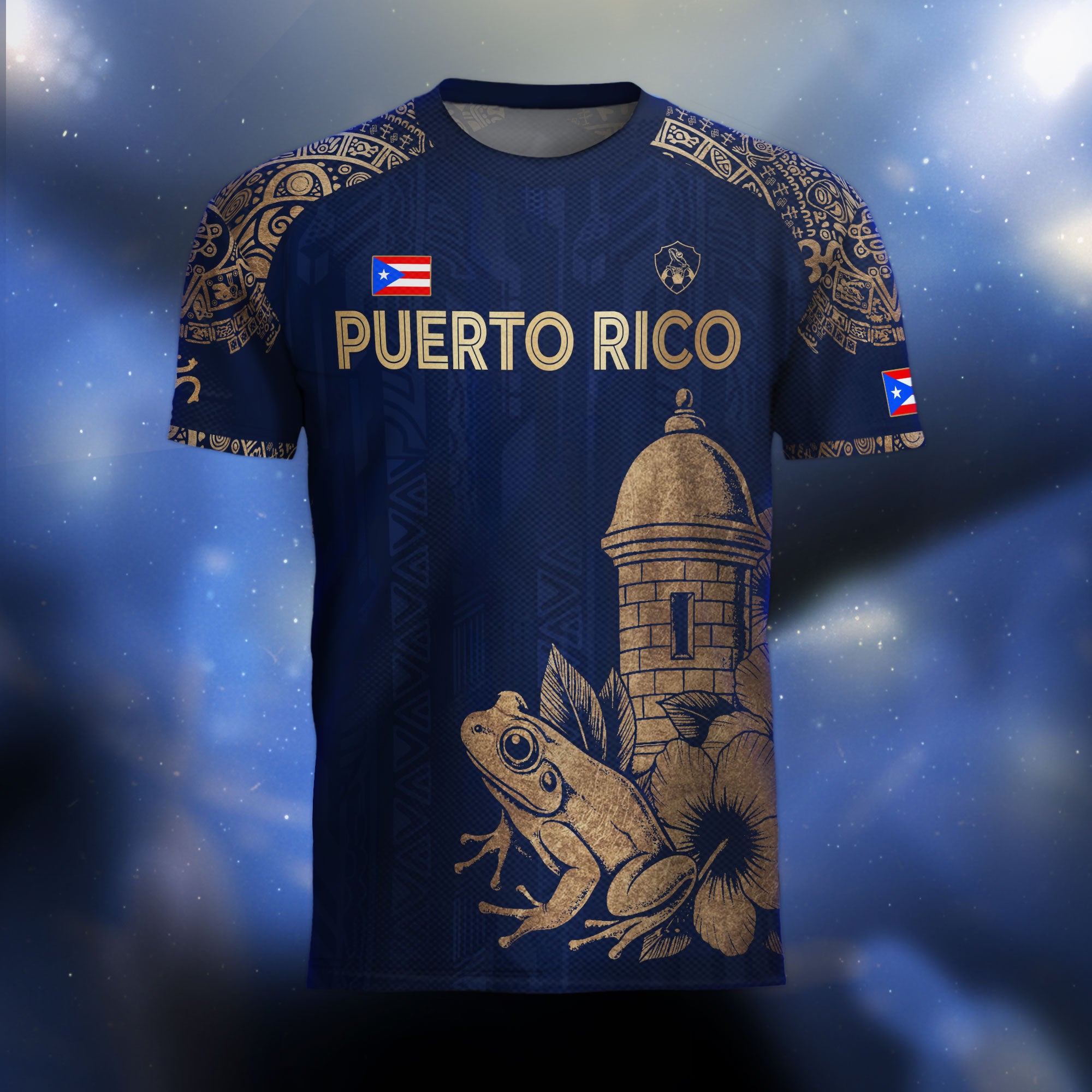 Puerto Rico Navy Gold Coqui Frog Garita Flower National Heritage Boricua Soccer Jersey