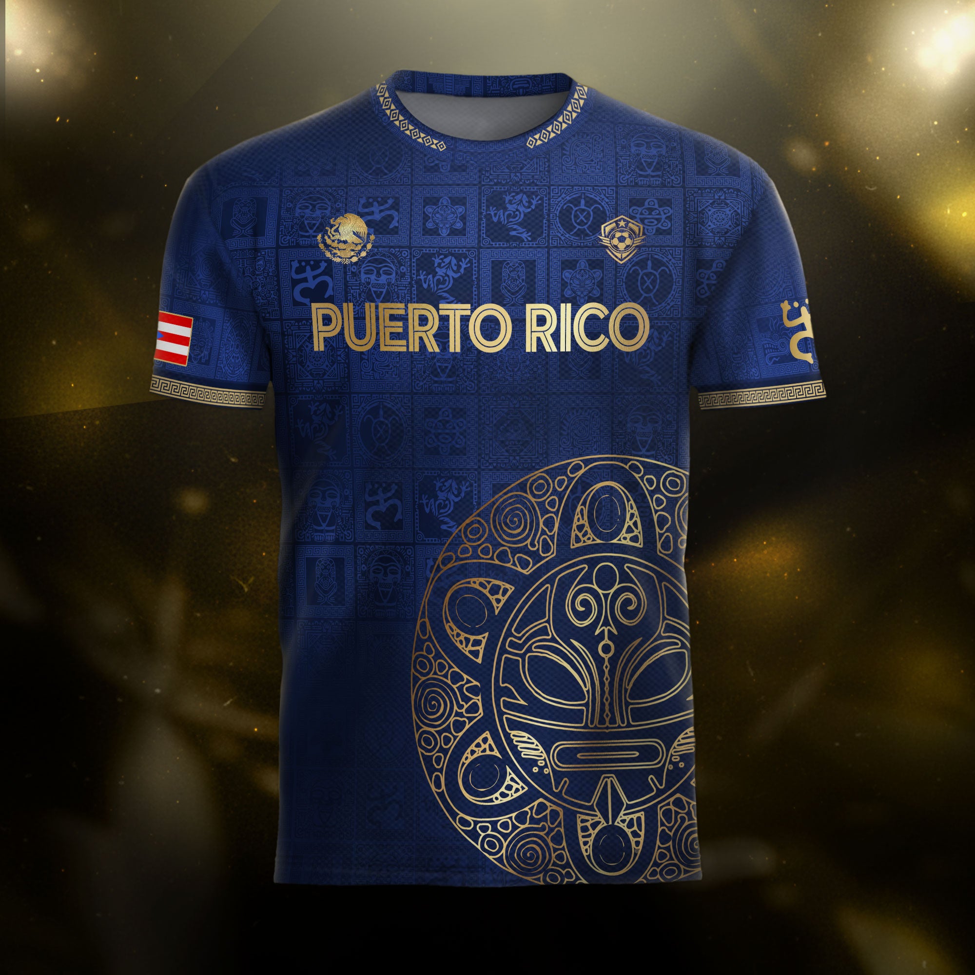Camiseta de fútbol boricua con patrón de símbolo taíno dorado de la Marina de Puerto Rico