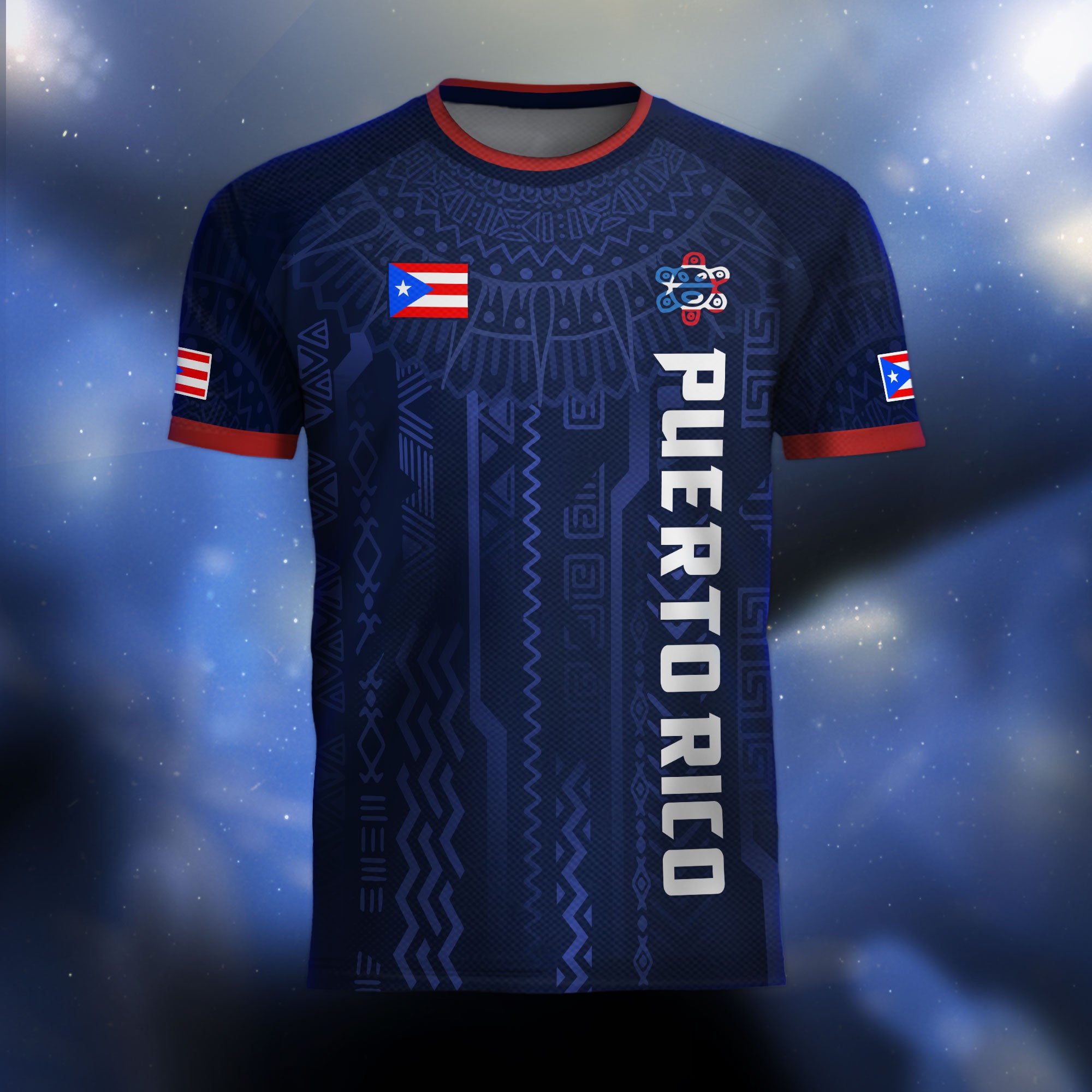 Puerto Rico Navy Red Boricua Taino Sun Coqui Frog Patriotic Tribal Soccer Jersey
