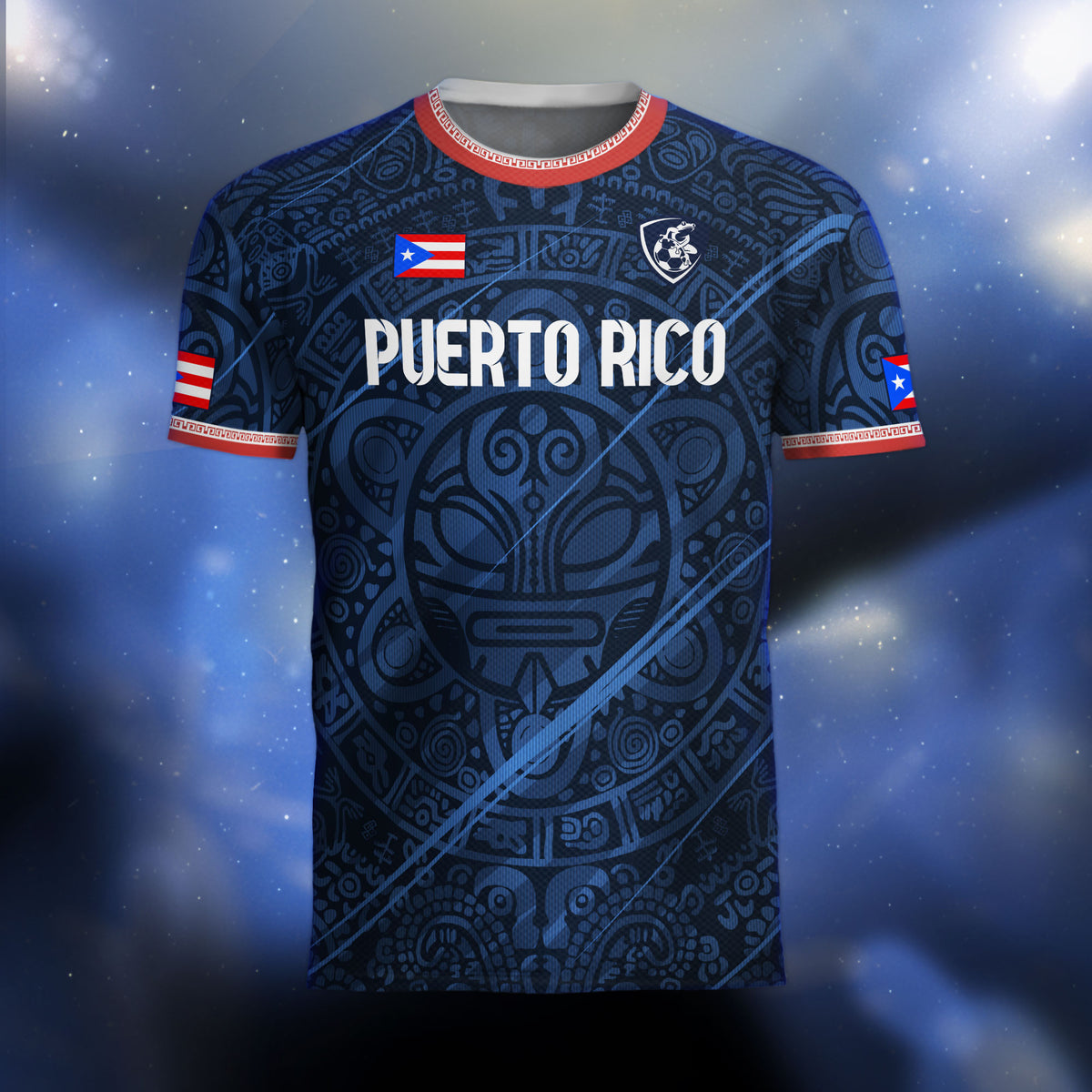 Camiseta de fútbol con máscara solar boricua taína azul marino de Puerto Rico, orgullo nacional tribal
