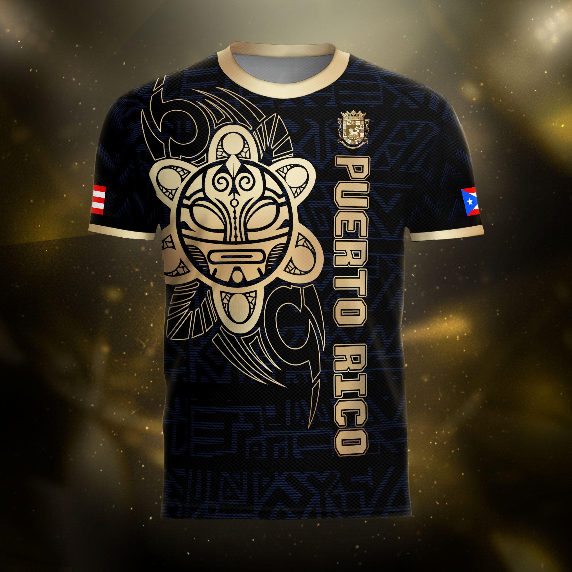 Puerto Rico Black Navy Gold Taino Sun God Island Heritage Tribal Pattern Soccer Jersey