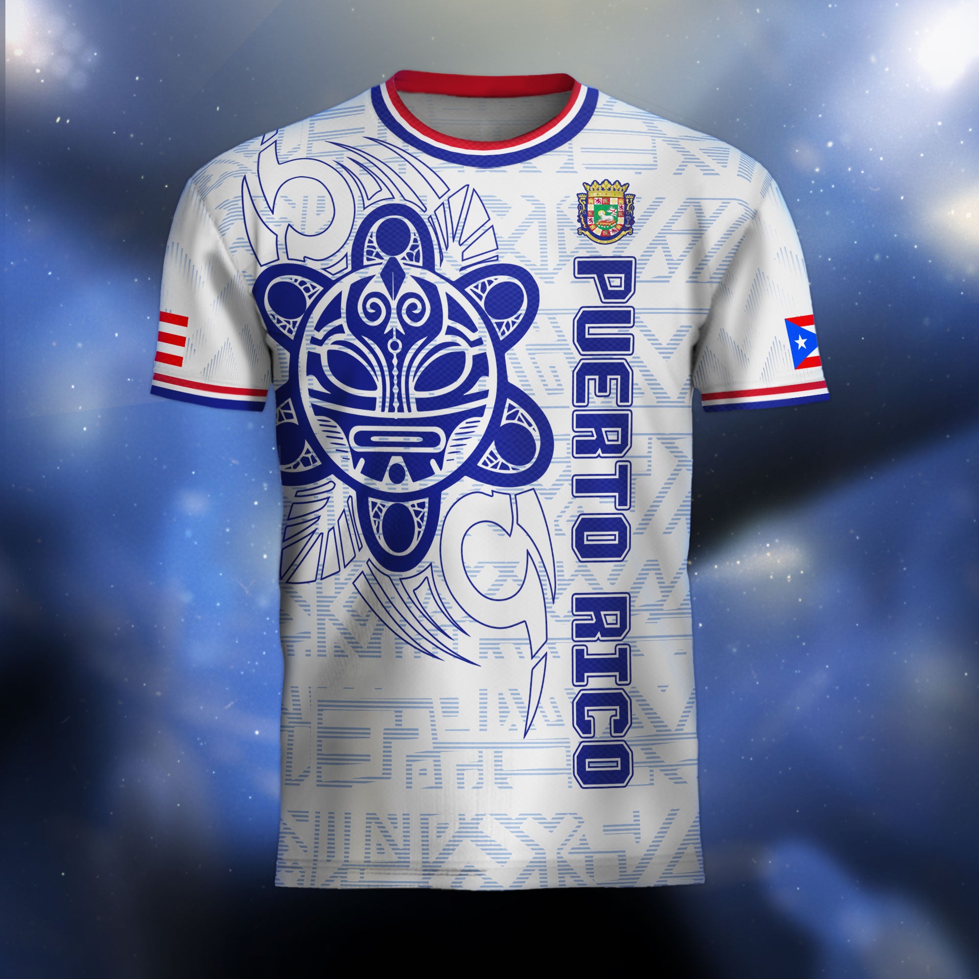 Camiseta de fútbol Puertorriqueña blanca y azul con la bandera boricua, sol taíno y coquí tribal del orgullo nacional