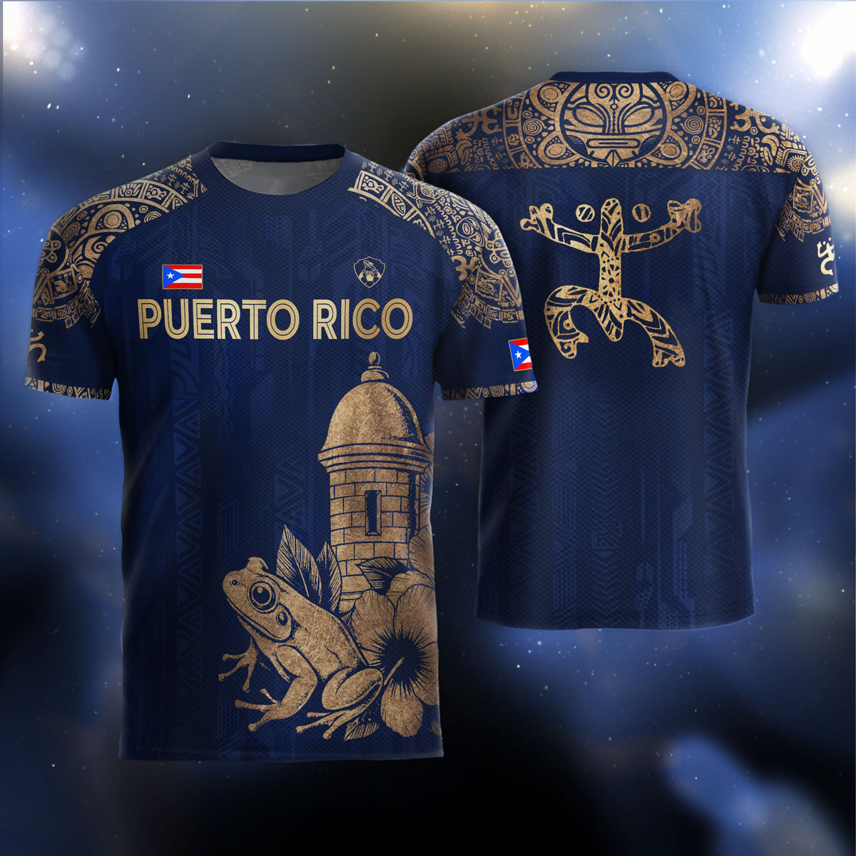 Puerto Rico Navy Gold Coqui Frog Garita Flower Patrimonio Nacional Boricua Camiseta de Fútbol
