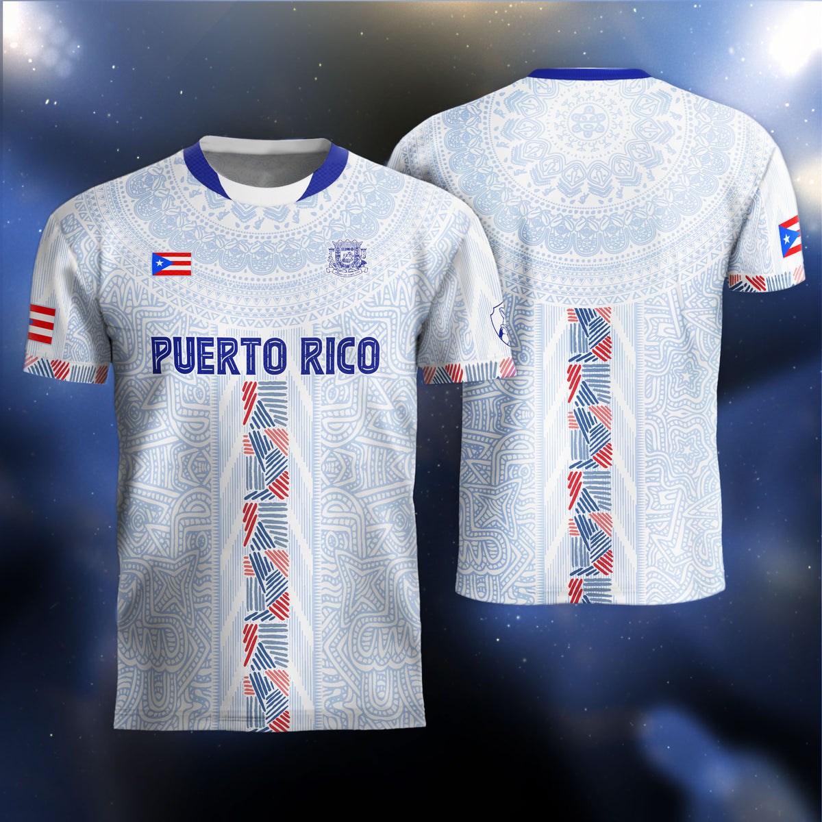 Camiseta de fútbol boricua de Puerto Rico, blanca, roja y azul, con rayas del sol taíno y herencia nacional