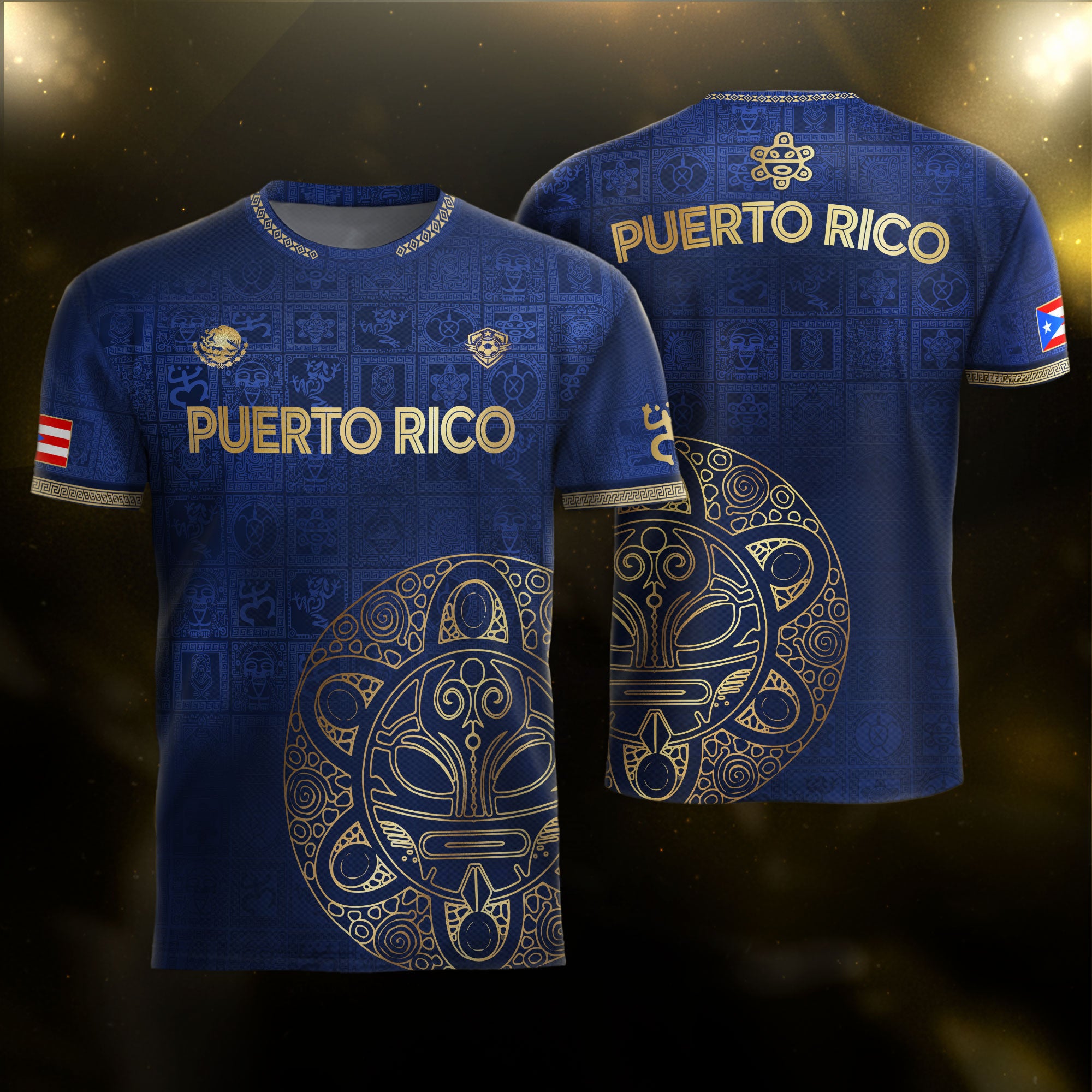 Camiseta de fútbol boricua con patrón de símbolo taíno dorado de la Marina de Puerto Rico