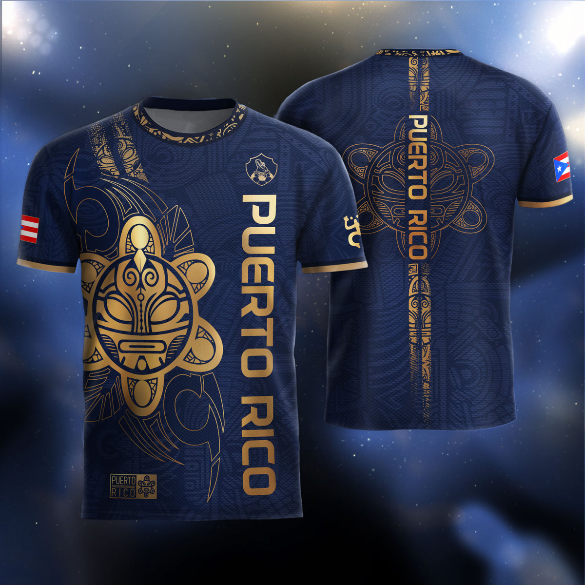Puerto Rico Navy Gold Taino Sun Vertical Text National Heritage Boricua Soccer Jersey