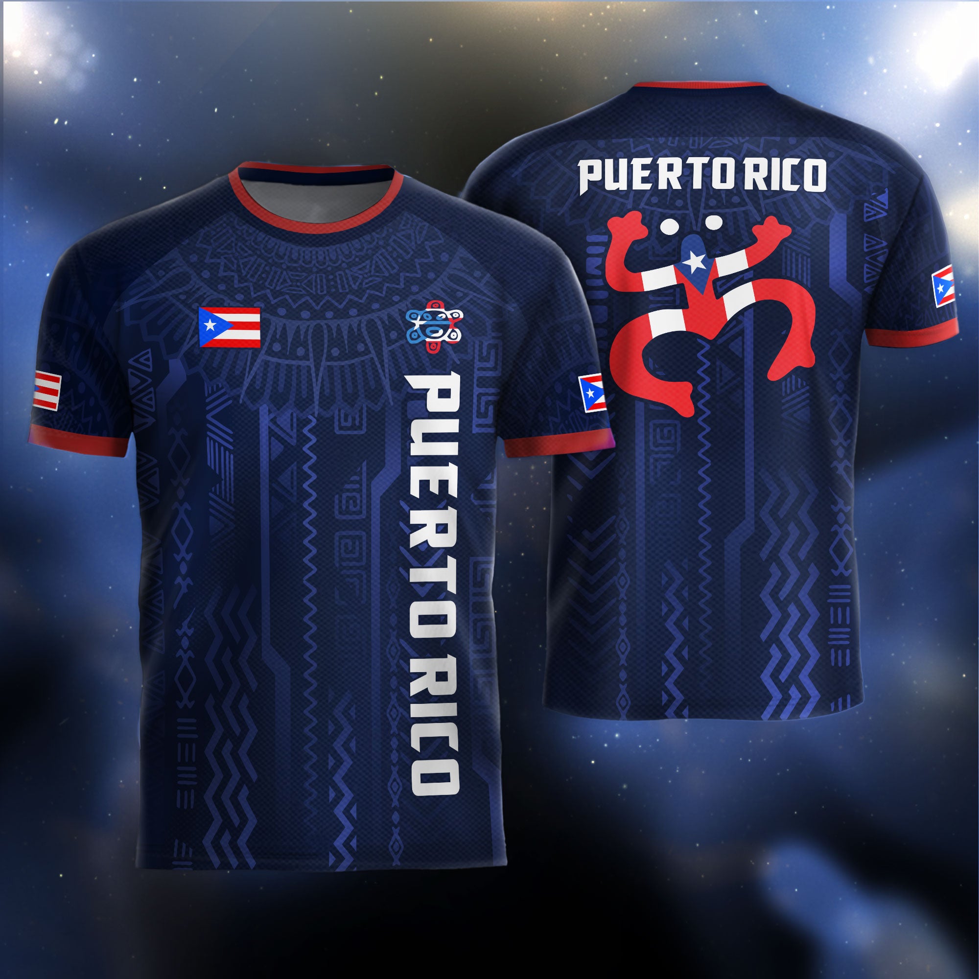 Puerto Rico Navy Red Boricua Taino Sun Coqui Frog Patriotic Tribal Soccer Jersey