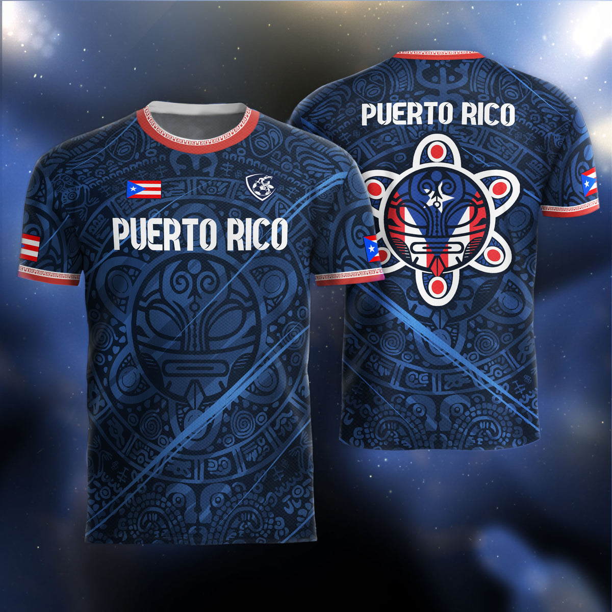 Camiseta de fútbol con máscara solar boricua taína azul marino de Puerto Rico, orgullo nacional tribal