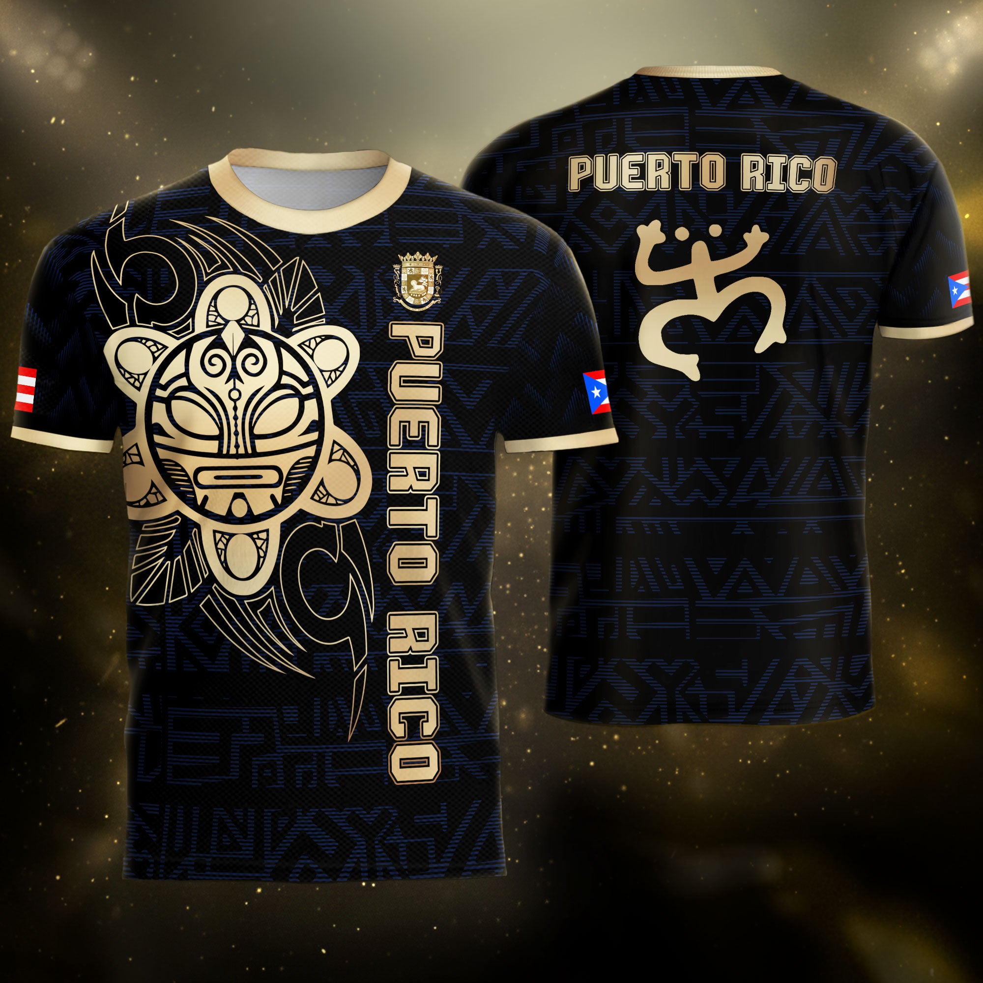 Puerto Rico Black Navy Gold Taino Sun God Island Heritage Tribal Pattern Soccer Jersey