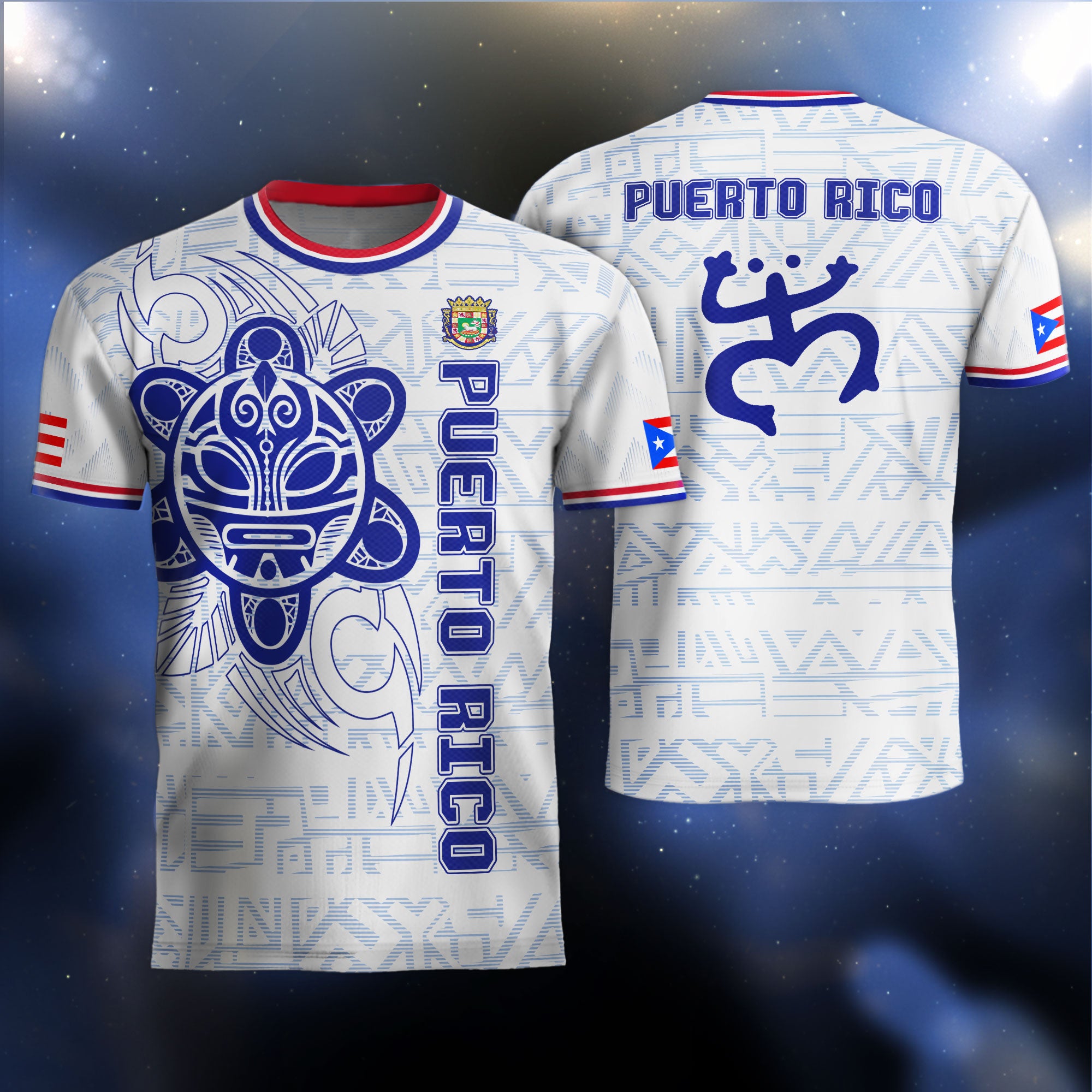 Camiseta de fútbol Puertorriqueña blanca y azul con la bandera boricua, sol taíno y coquí tribal del orgullo nacional