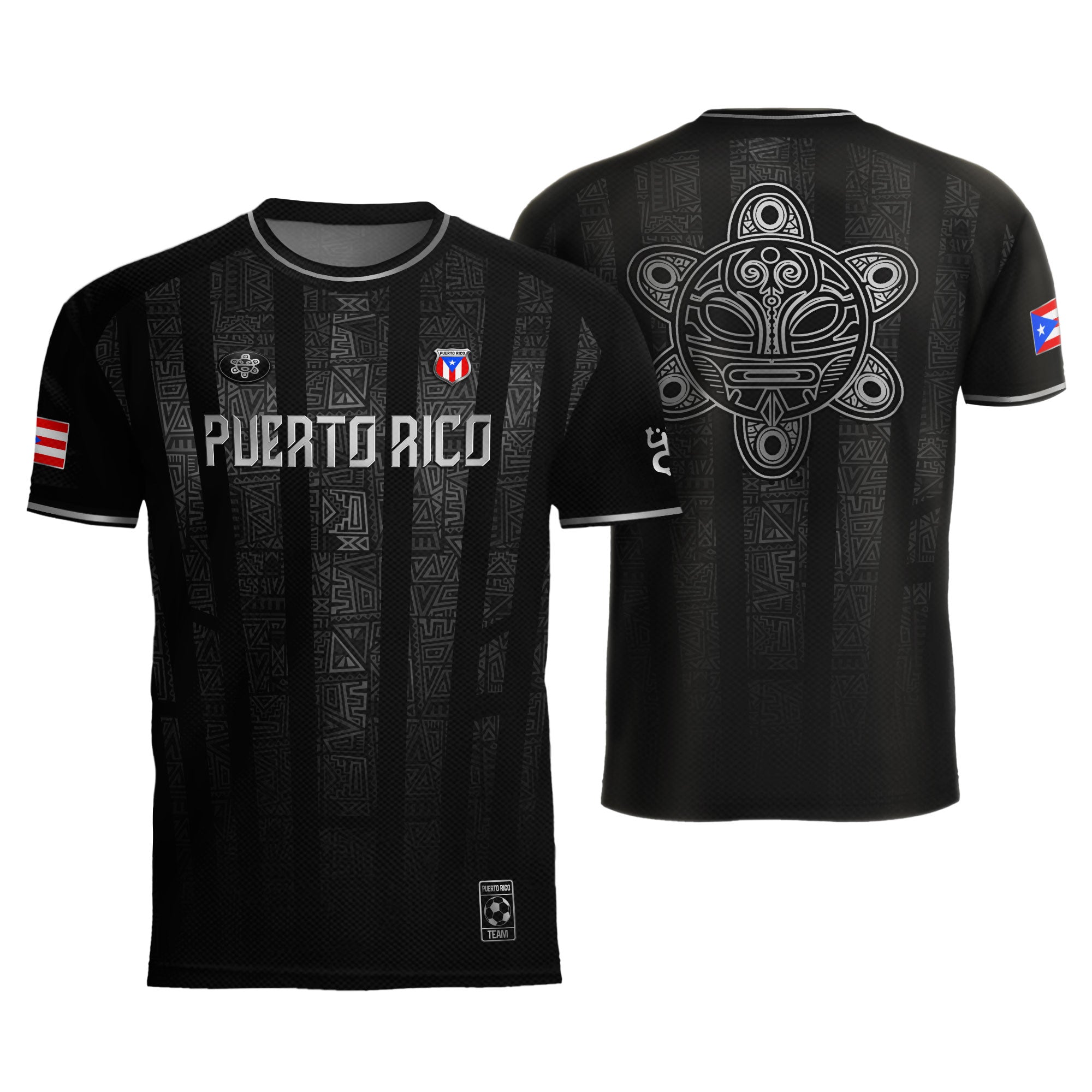 Camiseta de fútbol boricua con símbolo tribal negro y plateado de Puerto Rico