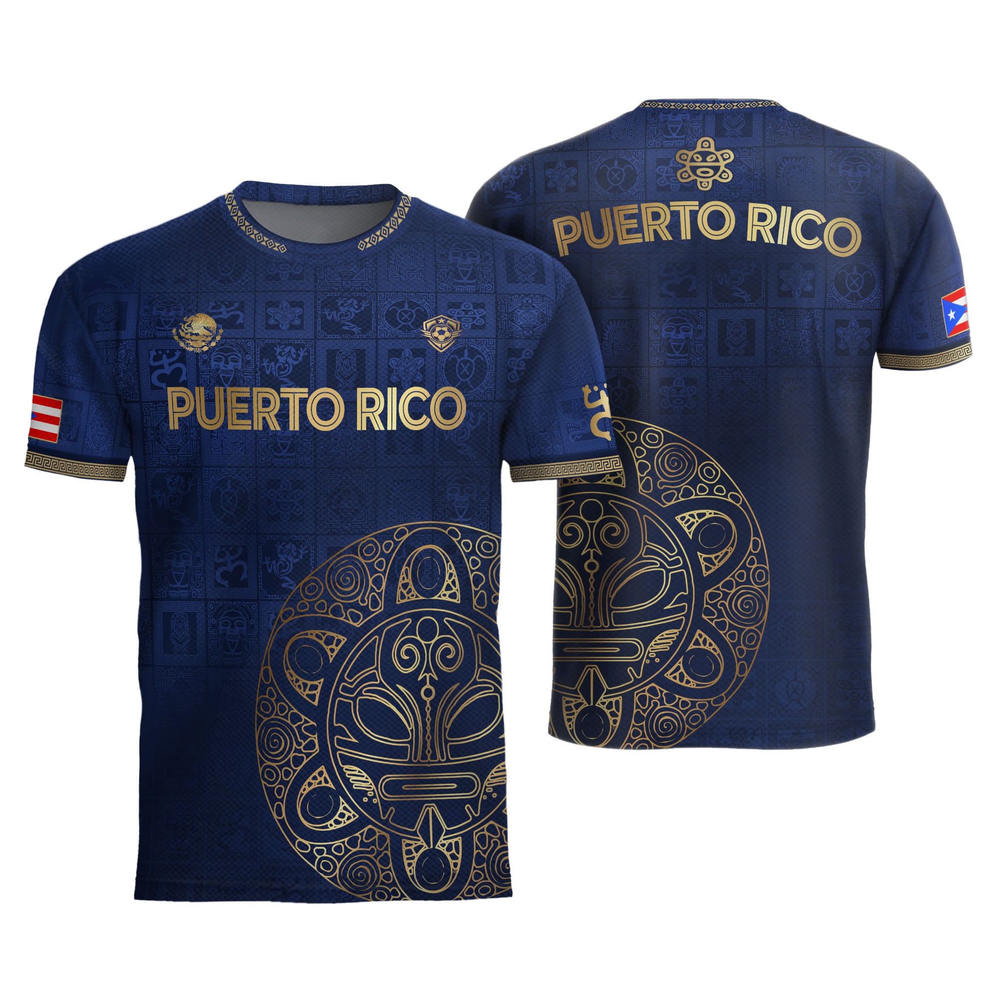 Camiseta de fútbol boricua con patrón de símbolo taíno dorado de la Marina de Puerto Rico
