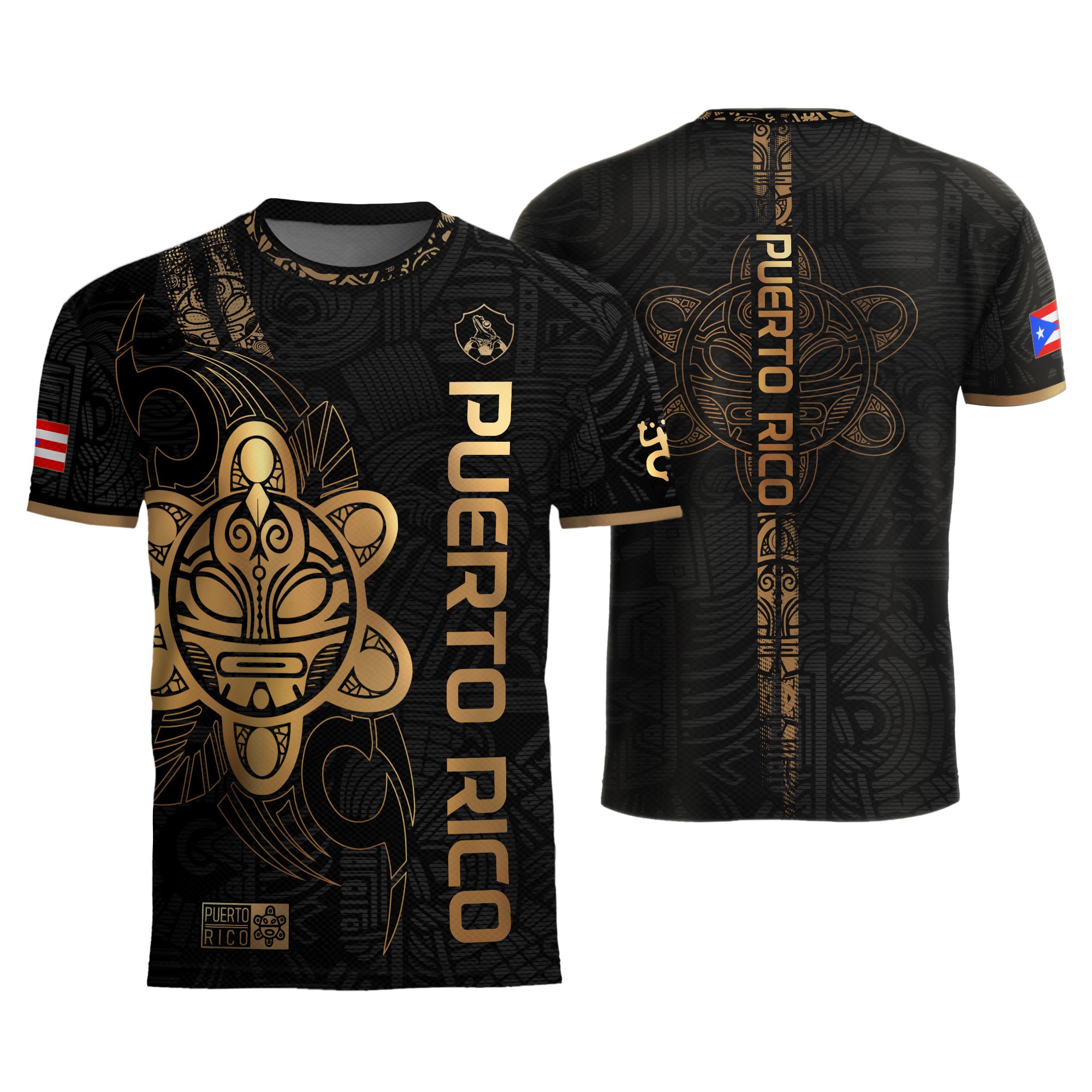 Camiseta de fútbol Puerto Rico Black Gold Side Taino Sun National Heritage Boricua Pride