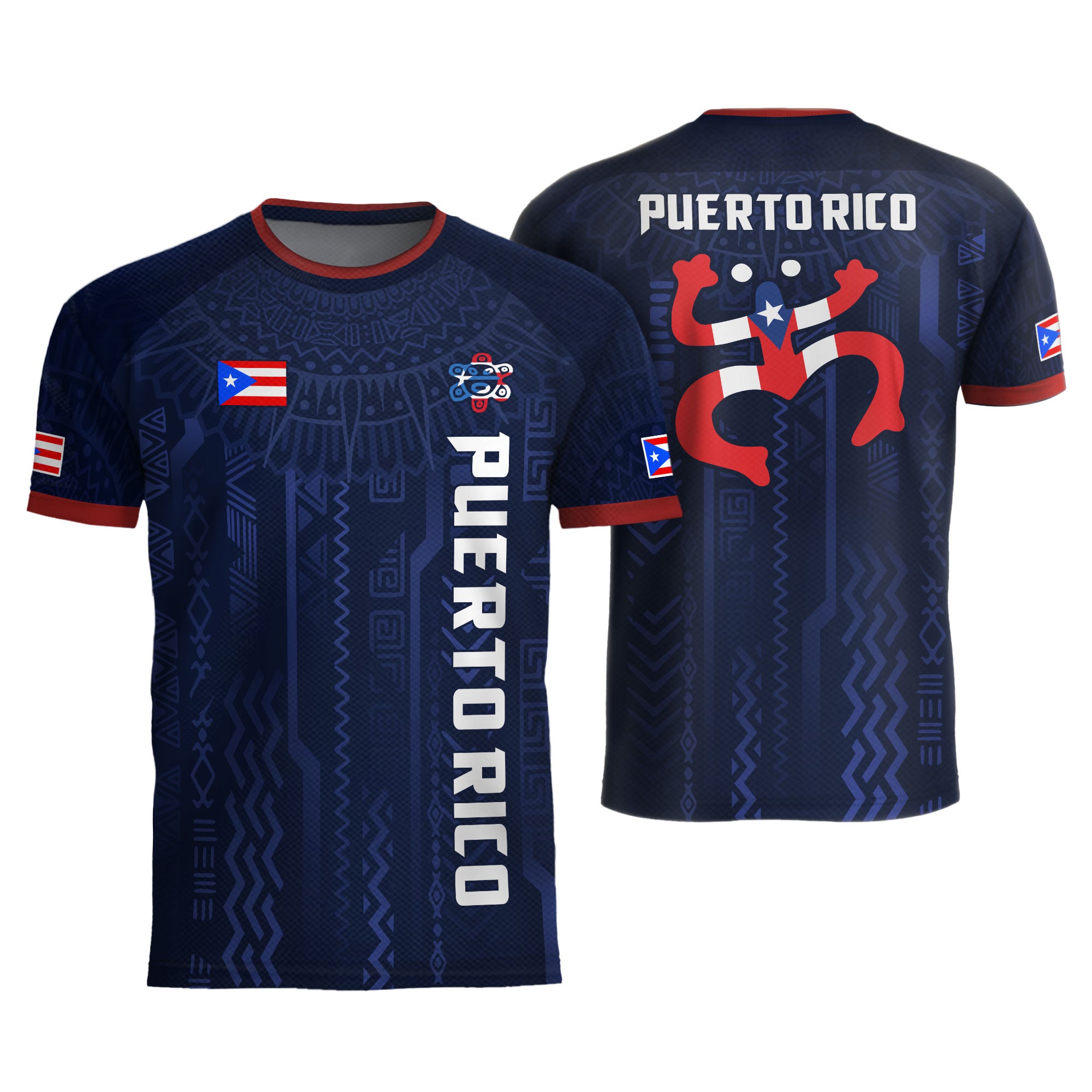 Puerto Rico Navy Red Boricua Taino Sun Coqui Frog Patriotic Tribal Soccer Jersey