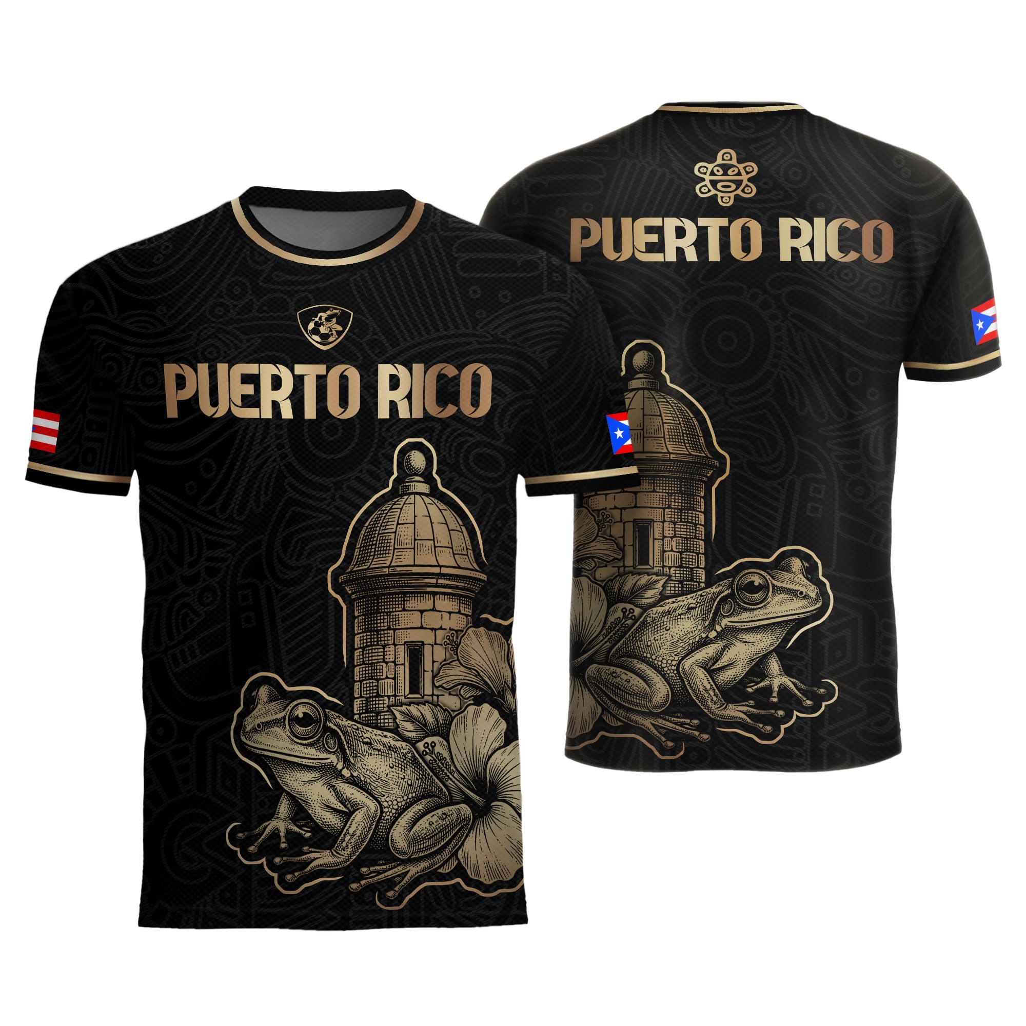 Puerto Rico Black Gold Boricua El Morro Coqui Frog Hibiscus Historical Soccer Jersey
