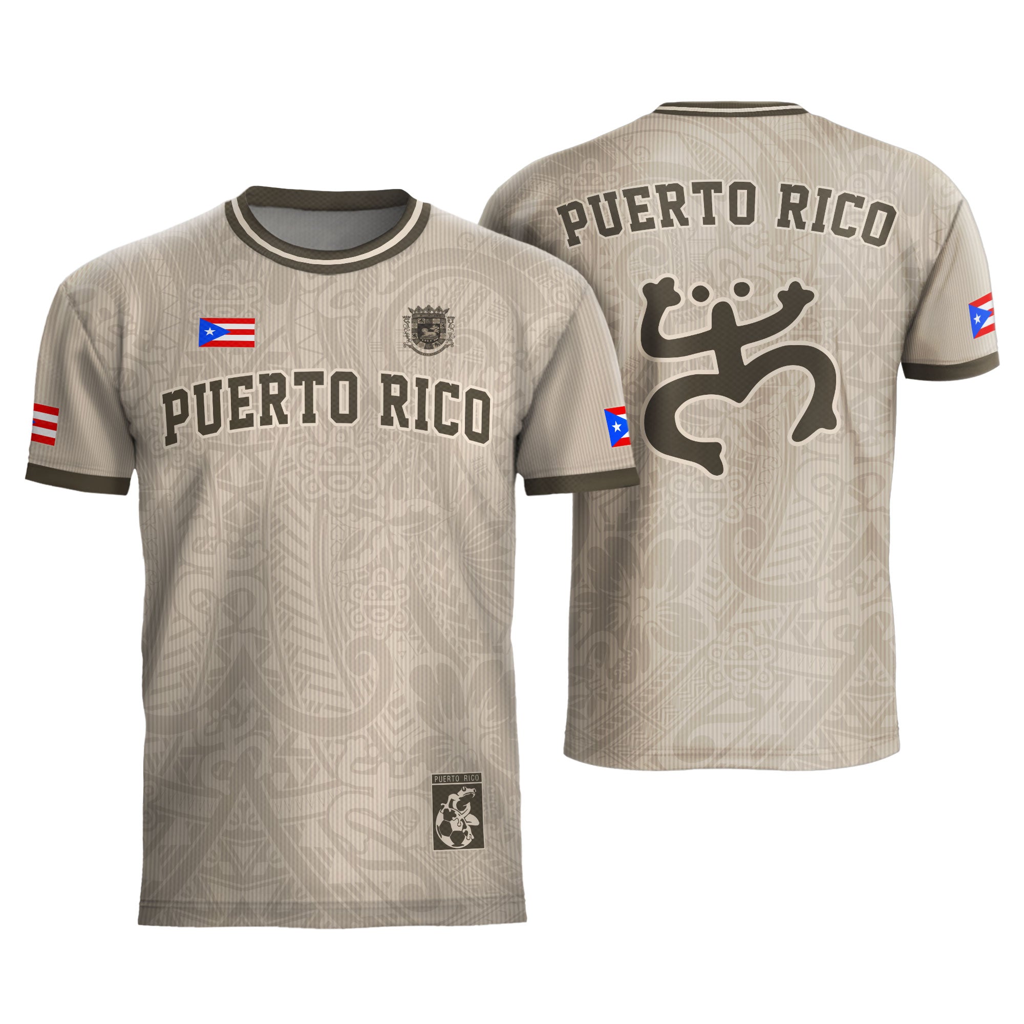 Puerto Rico Beige Tan Boricua Coqui Rana Tribal Taino Nacional Orgullo Camiseta de Fútbol