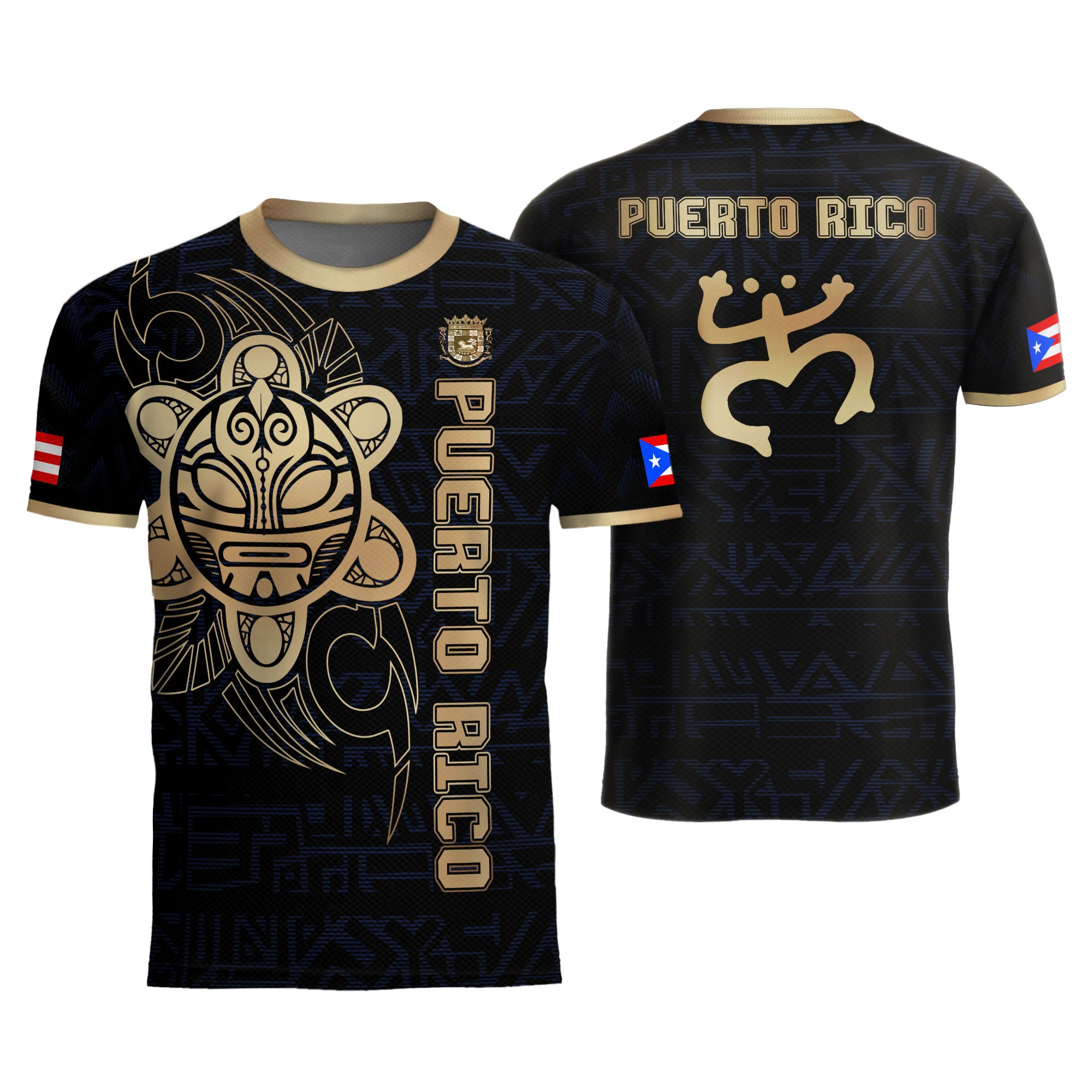 Puerto Rico Black Navy Gold Taino Sun God Island Heritage Tribal Pattern Soccer Jersey