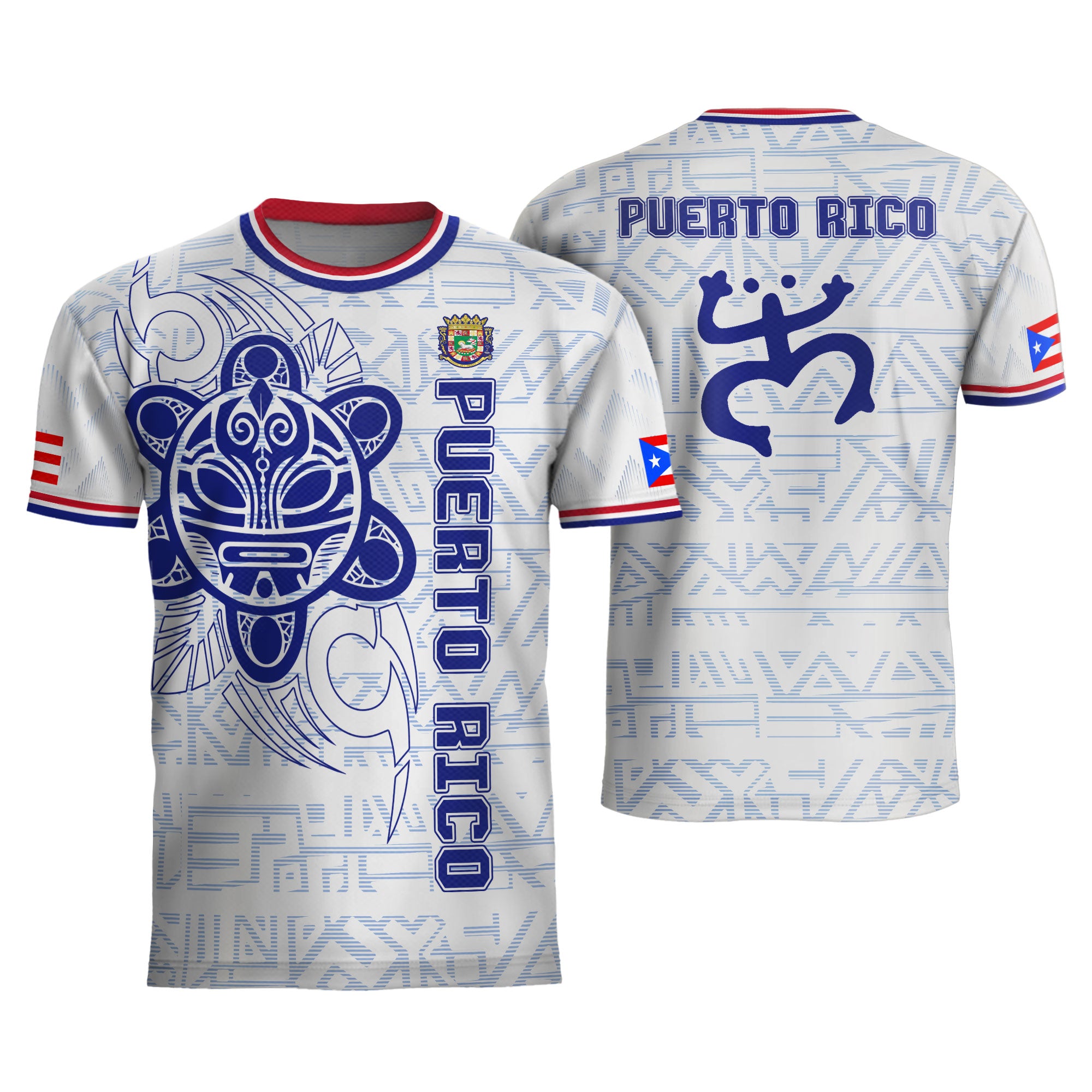 Camiseta de fútbol Puertorriqueña blanca y azul con la bandera boricua, sol taíno y coquí tribal del orgullo nacional