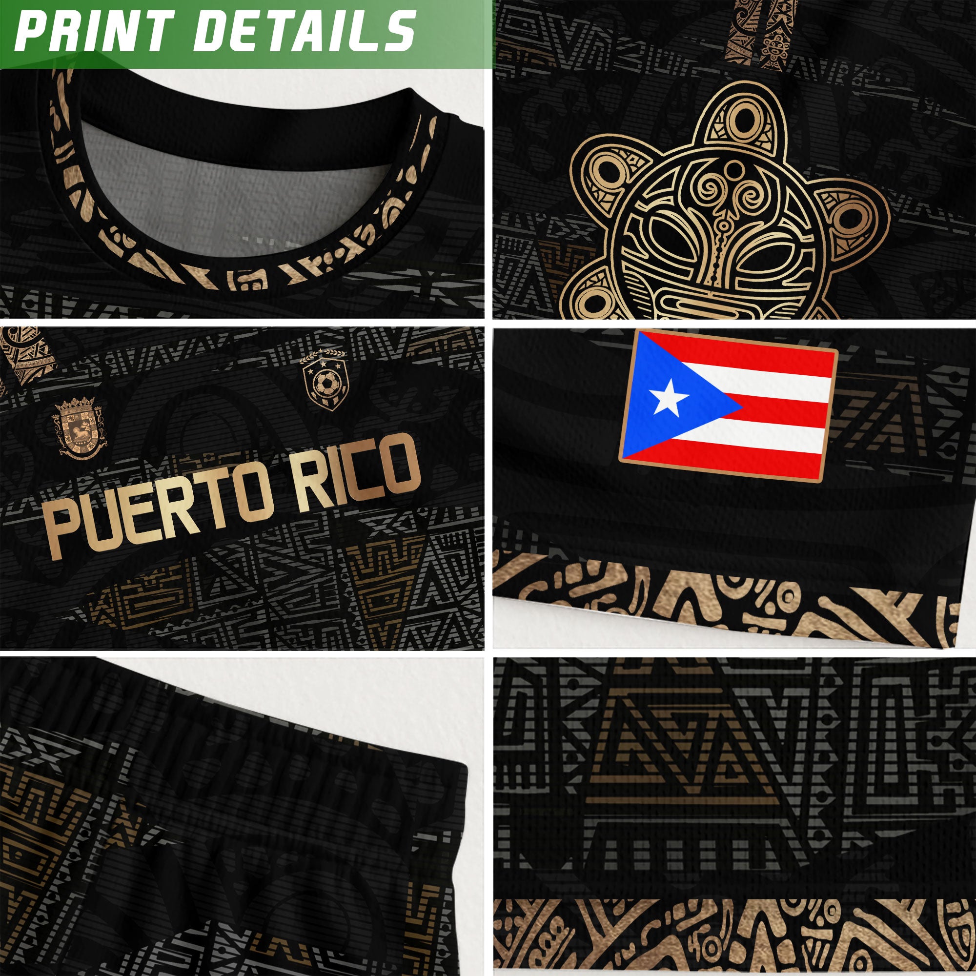 Puerto Rico Black Gold Full Tribal Pattern National Heritage Boricua Soccer Jersey