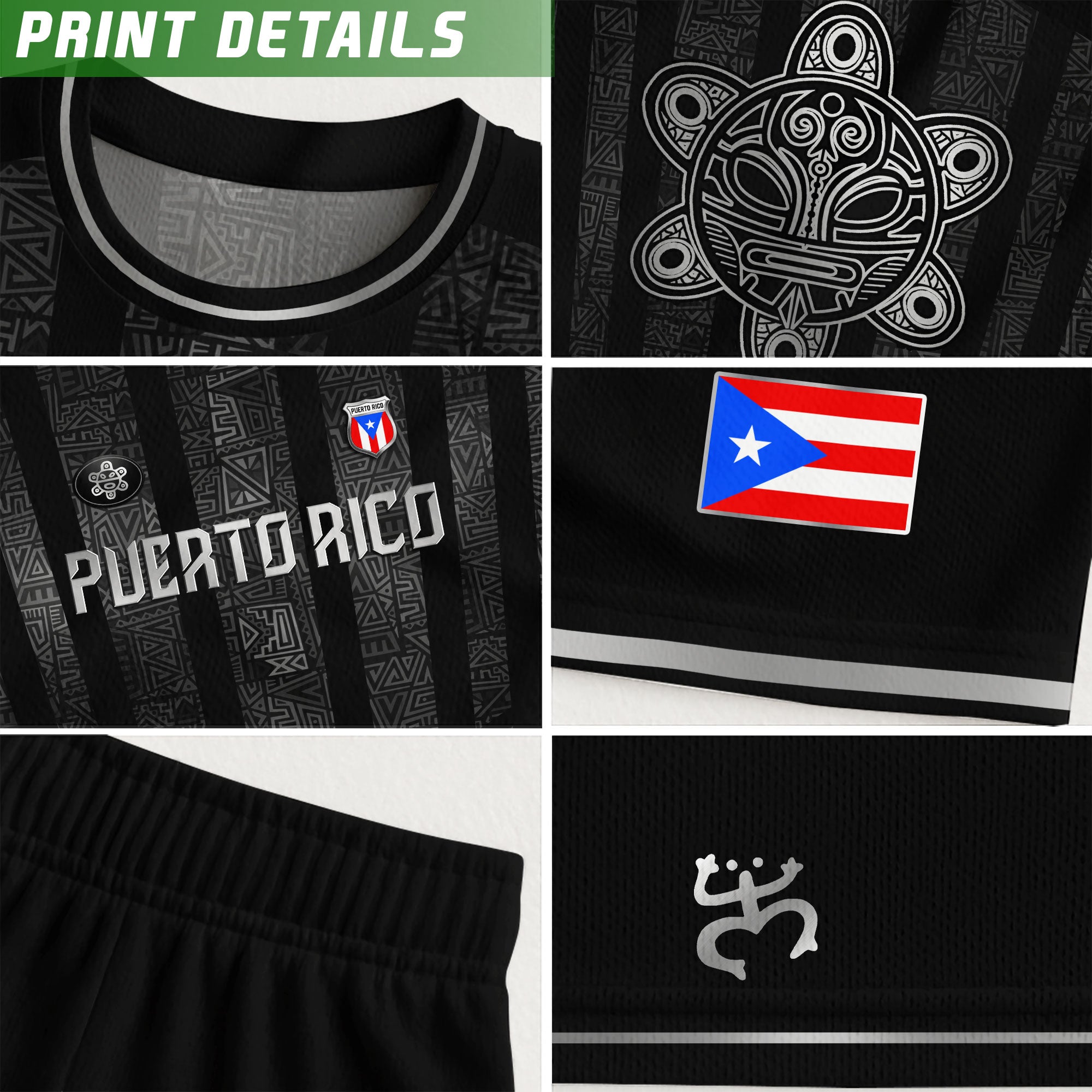 Camiseta de fútbol boricua con símbolo tribal negro y plateado de Puerto Rico