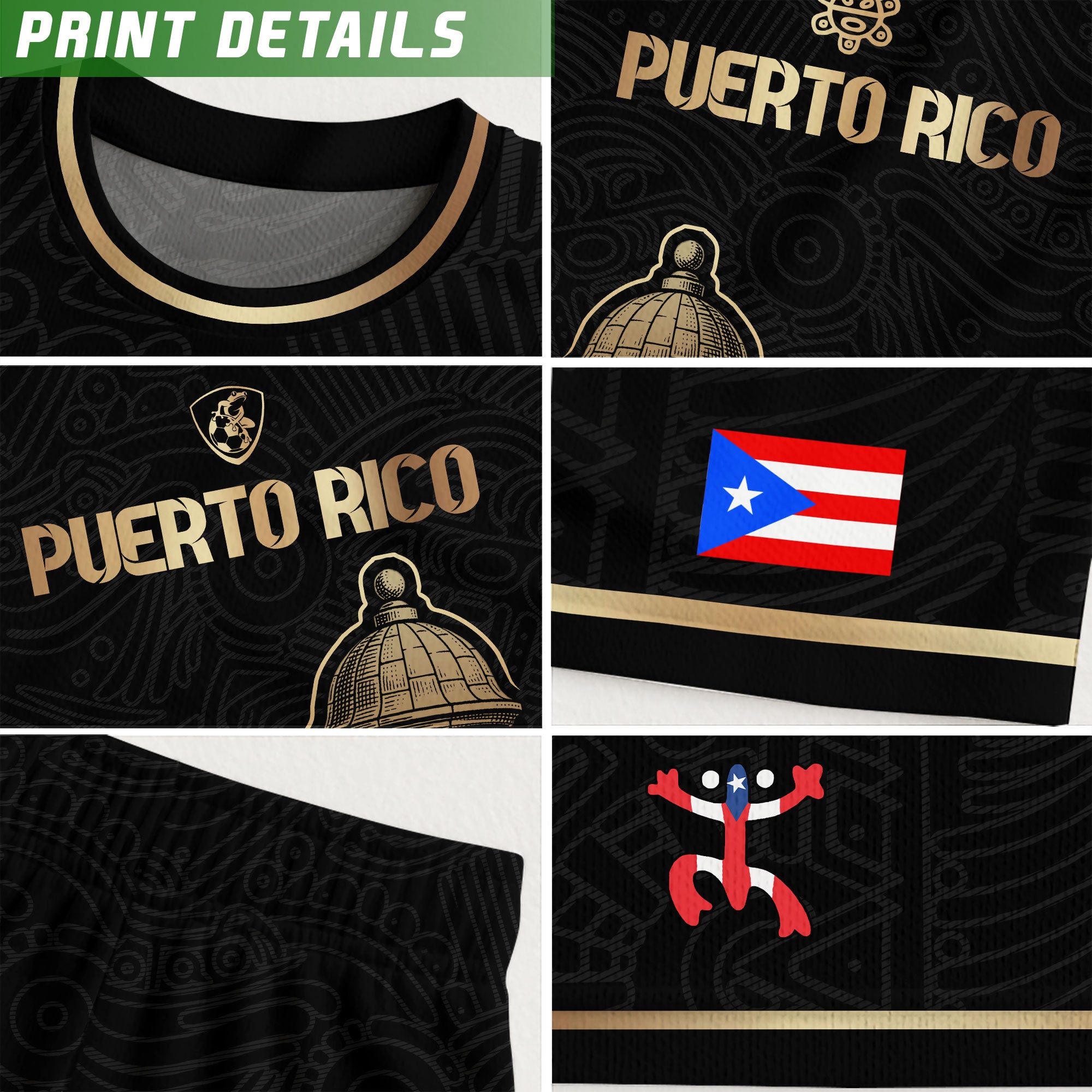 Puerto Rico Black Gold Boricua El Morro Coqui Frog Hibiscus Historical Soccer Jersey