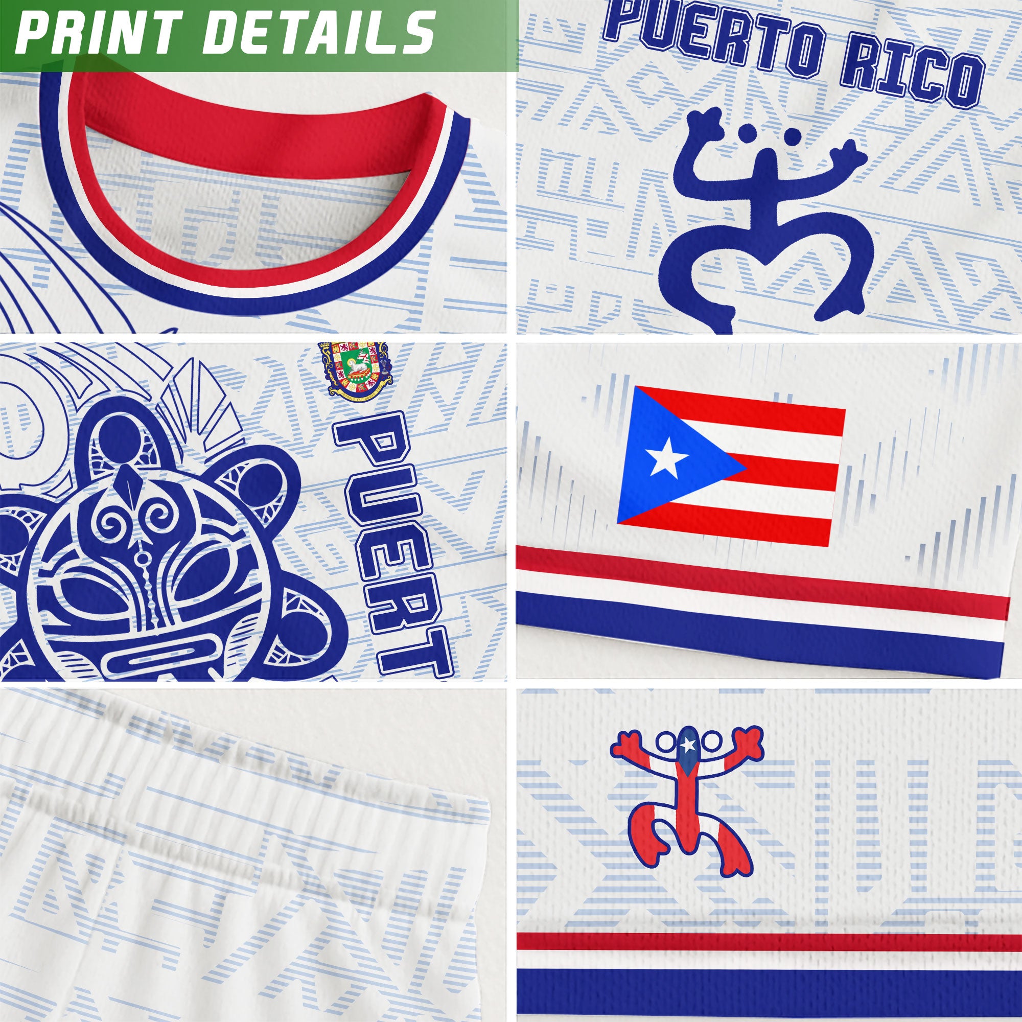 Camiseta de fútbol Puertorriqueña blanca y azul con la bandera boricua, sol taíno y coquí tribal del orgullo nacional