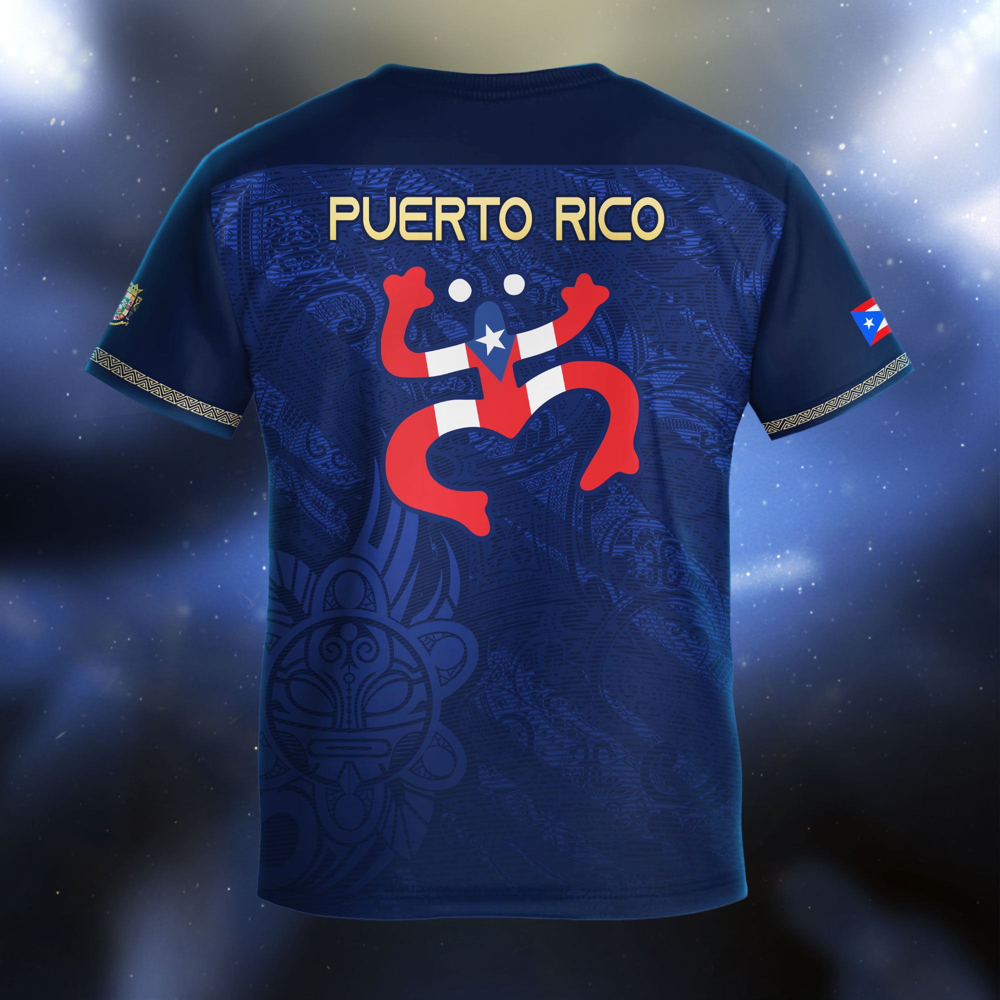 Camiseta de fútbol juvenil puertorriqueña para niños, color azul marino y dorado, con la bandera del orgullo taíno tribal de la rana coquí boricua