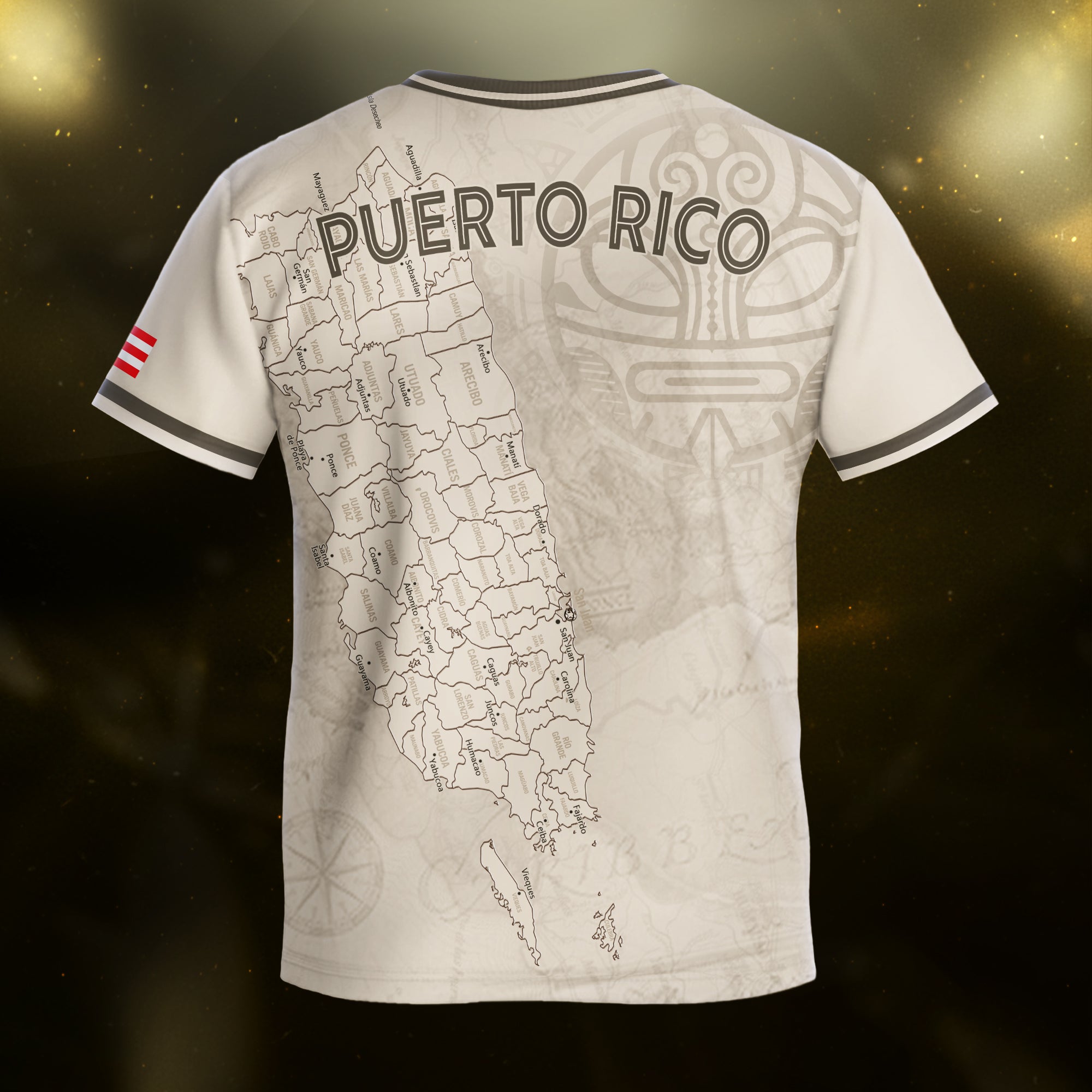 Camiseta de fútbol juvenil beige con el mapa dorado de la herencia nacional Taino Coqui de Puerto Rico para niños