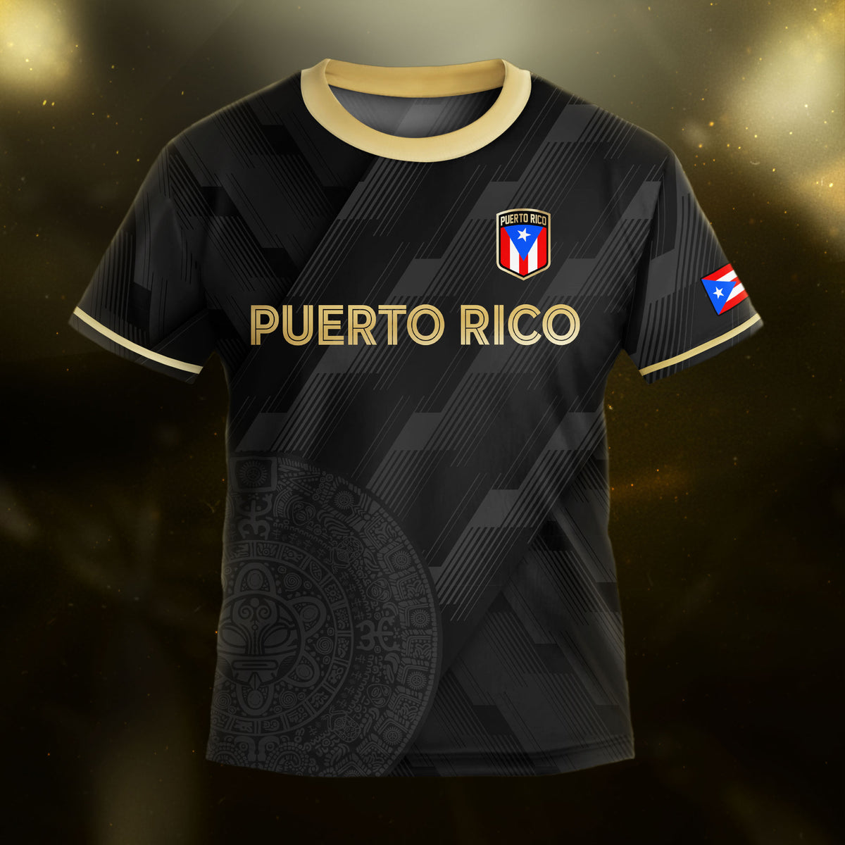 Puerto Rico Kids Youth Black Gold Modern Pattern Taino Sun Heritage Soccer Jersey
