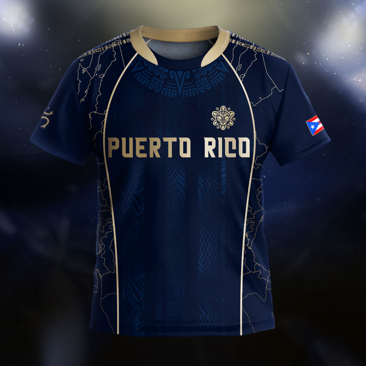 Puerto Rico Kids Youth Navy Gold Outline Map Taino Sun National Heritage Soccer Jersey