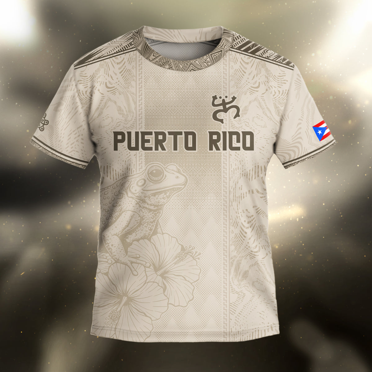 Puerto Rico Kids Youth Beige Gold Coqui Frog Floral Taino Sun Heritage Art Soccer Jersey