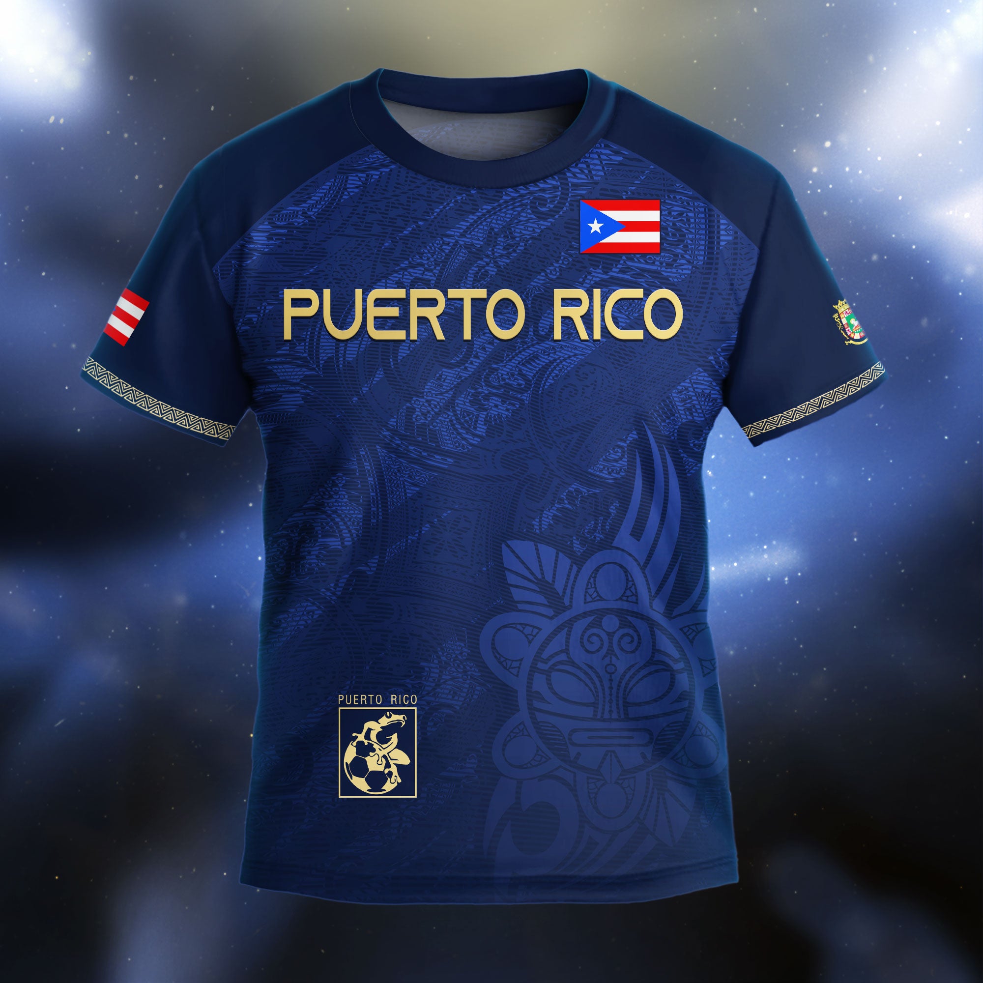 Camiseta de fútbol juvenil puertorriqueña para niños, color azul marino y dorado, con la bandera del orgullo taíno tribal de la rana coquí boricua
