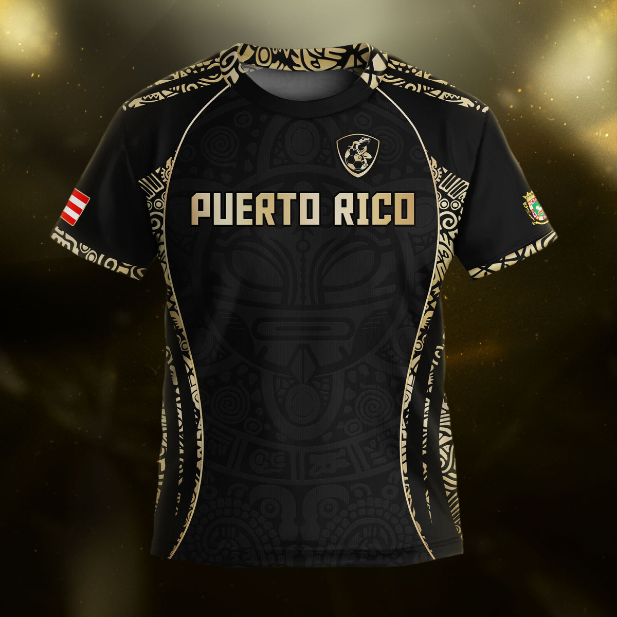 Puerto Rico Kids Youth Black Gold Boricua Taino Sun Mask Tribal Pride Soccer Jersey