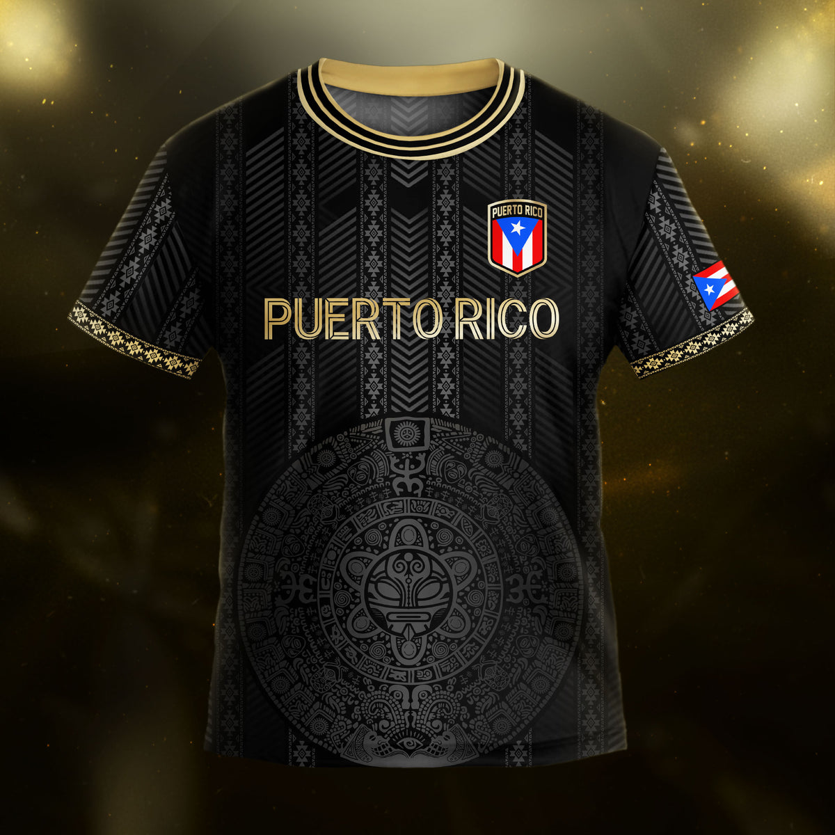 Puerto Rico Kids Youth Black Gold Tribal Stripe Taino Sun Heritage Soccer Jersey