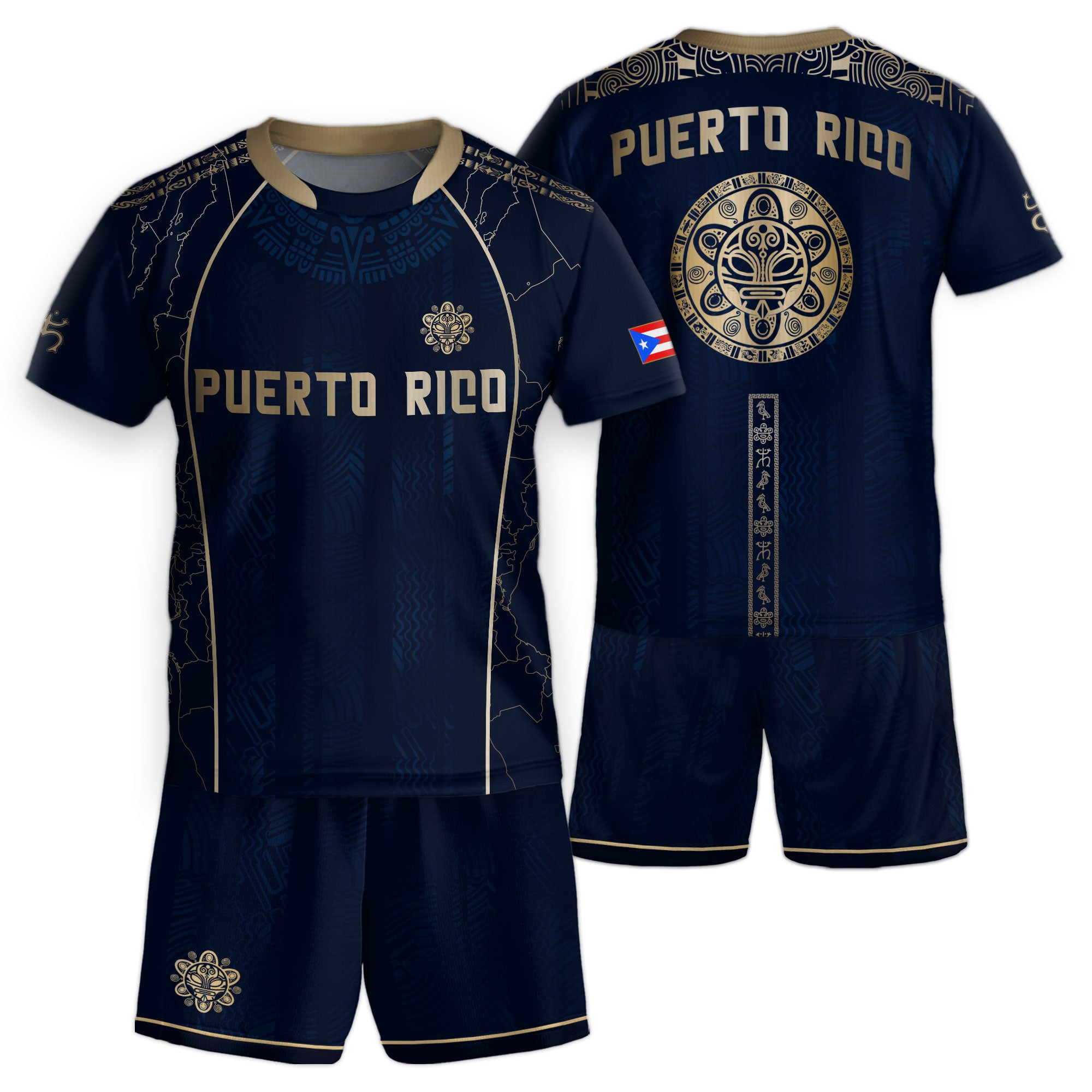 Puerto Rico Kids Youth Navy Gold Outline Map Taino Sun National Heritage Soccer Jersey