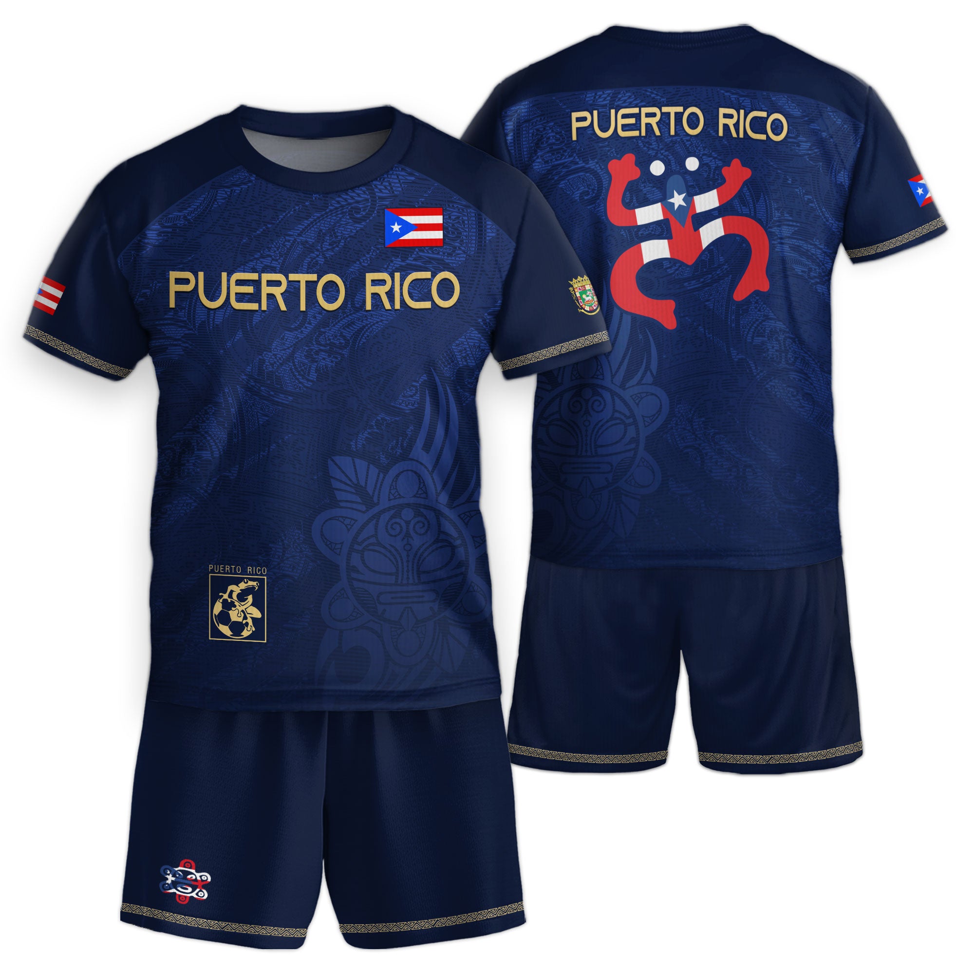 Camiseta de fútbol juvenil puertorriqueña para niños, color azul marino y dorado, con la bandera del orgullo taíno tribal de la rana coquí boricua
