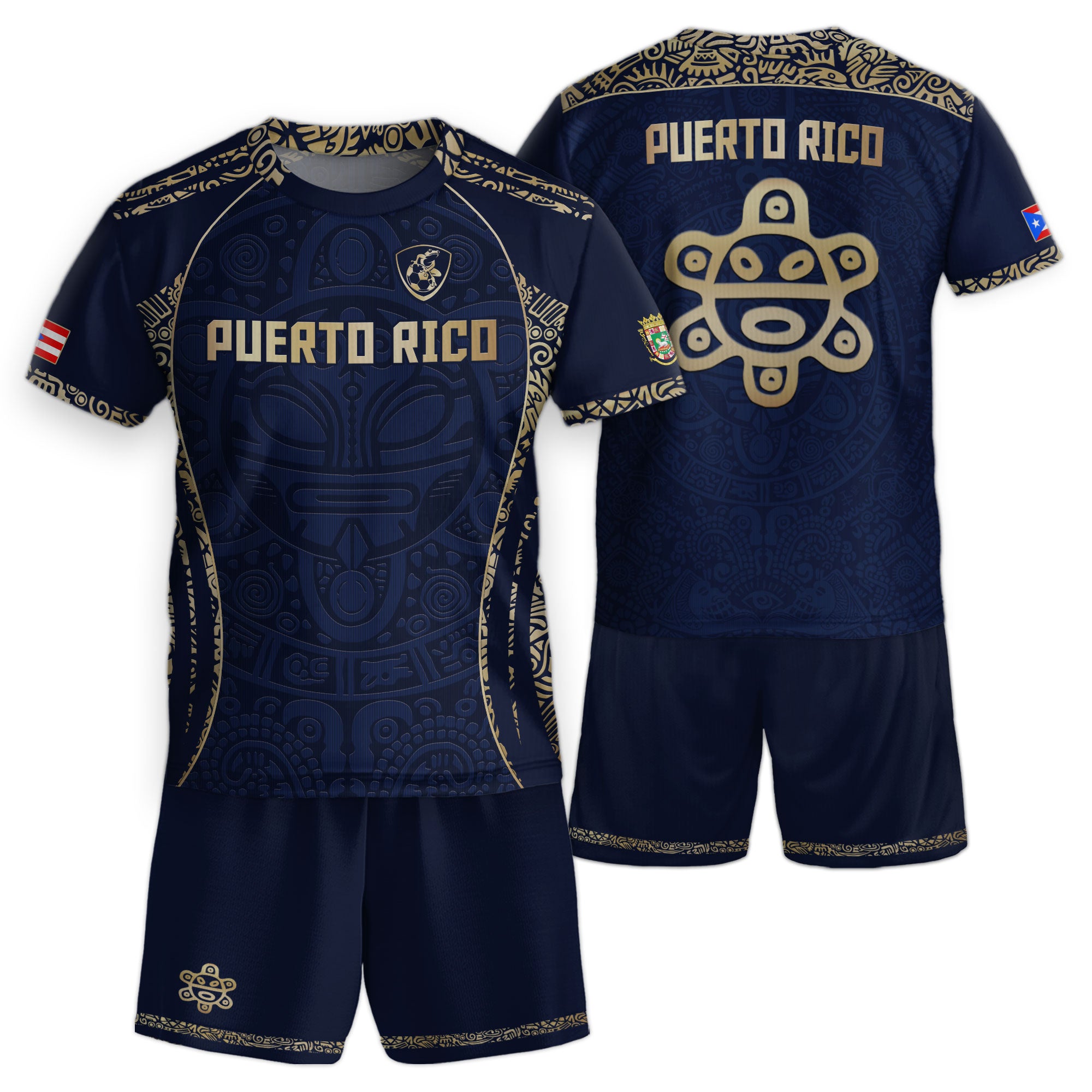 Puerto Rico Kids Youth Navy Blue Boricua Taino Mask Tribal Flag Pride Soccer Jersey